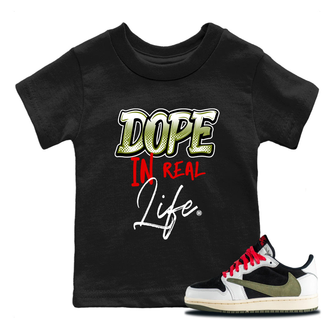 Air Jordan 1 Travis Scott Olive Sneaker Match Tees Dope In Real Life Streetwear Sneaker Shirt Air Jordan 1 Low x Travis Scott x Olive Sneaker Release Tees Kids Shirts Black 1