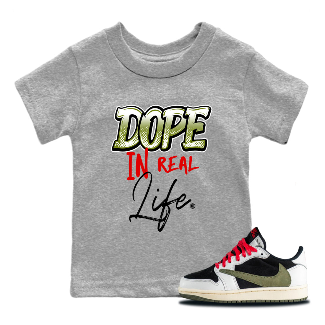 Air Jordan 1 Travis Scott Olive Sneaker Match Tees Dope In Real Life Streetwear Sneaker Shirt Air Jordan 1 Low x Travis Scott x Olive Sneaker Release Tees Kids Shirts Heather Grey 1