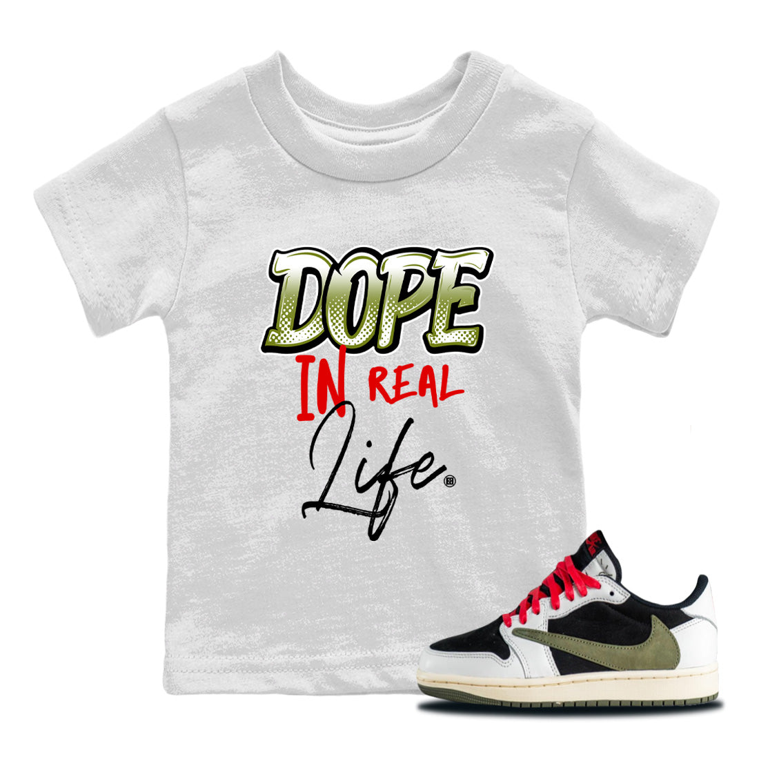 Air Jordan 1 Travis Scott Olive Sneaker Match Tees Dope In Real Life Streetwear Sneaker Shirt Air Jordan 1 Low x Travis Scott x Olive Sneaker Release Tees Kids Shirts White 1