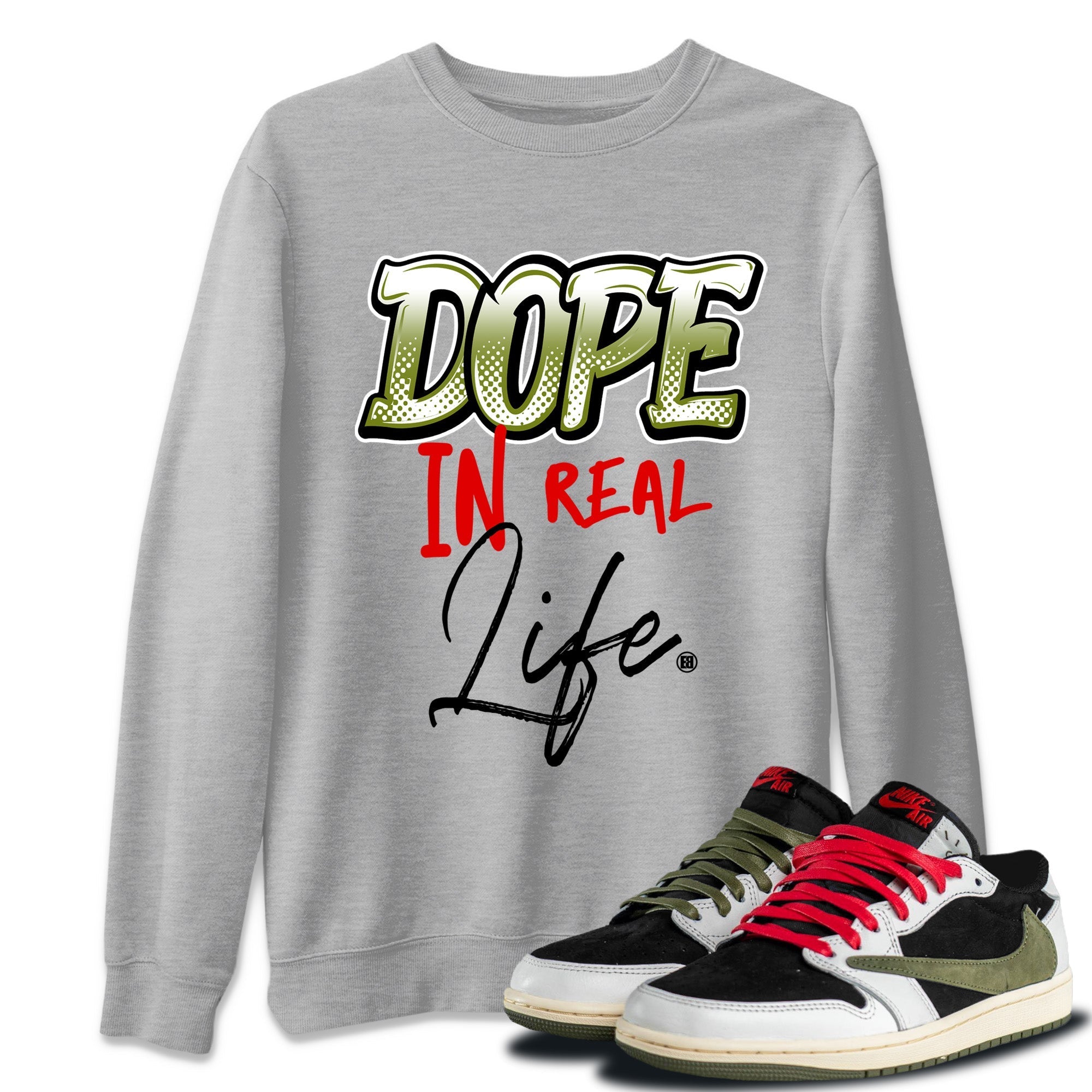 Air Jordan 1 Travis Scott Olive Sneaker Match Tees Dope In Real Life Streetwear Sneaker Shirt Air Jordan 1 Low x Travis Scott x Olive Sneaker Release Tees Unisex Shirts Heather Grey 1