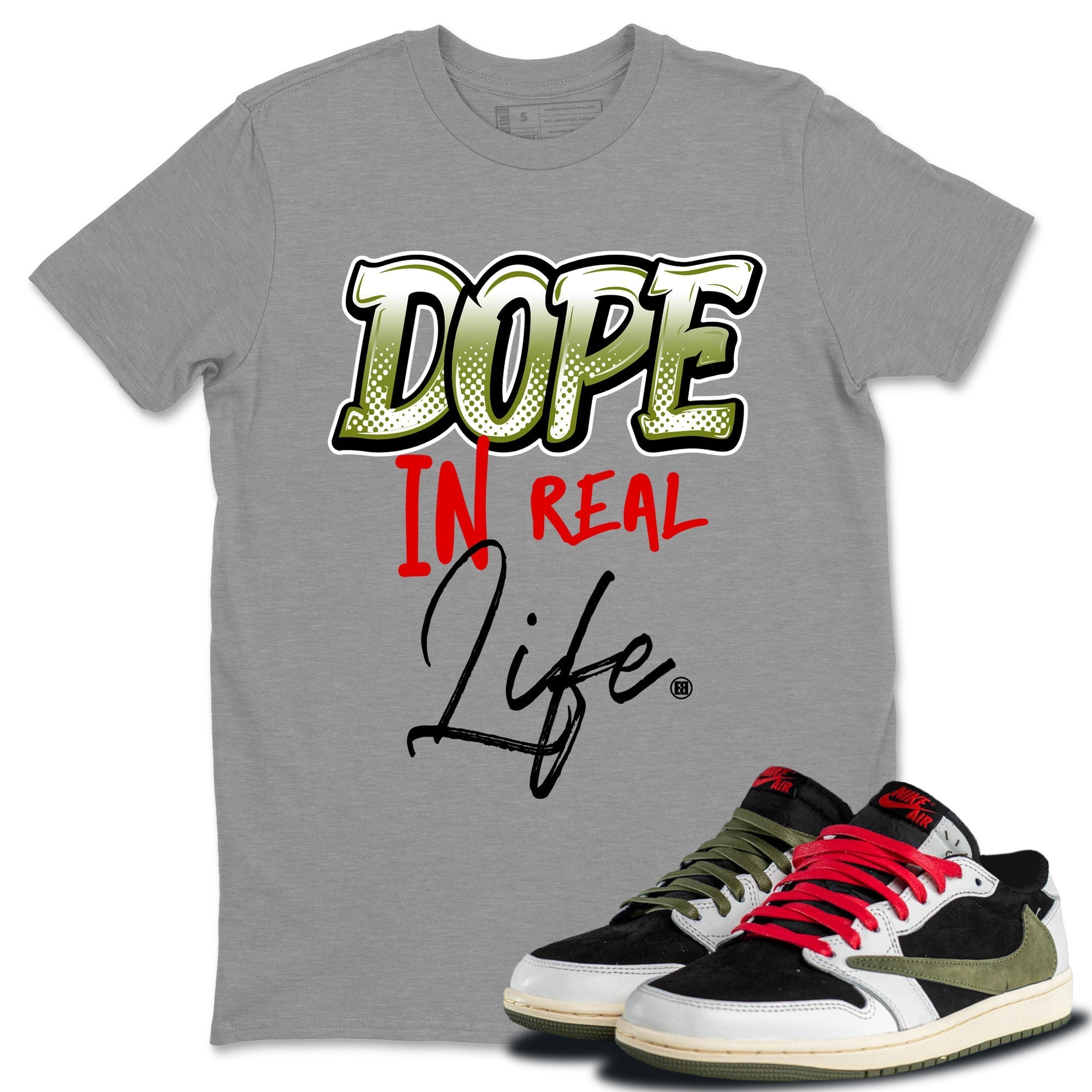 Air Jordan 1 Travis Scott Olive Sneaker Match Tees Dope In Real Life Streetwear Sneaker Shirt Air Jordan 1 Low x Travis Scott x Olive Sneaker Release Tees Unisex Shirts Heather Grey 1
