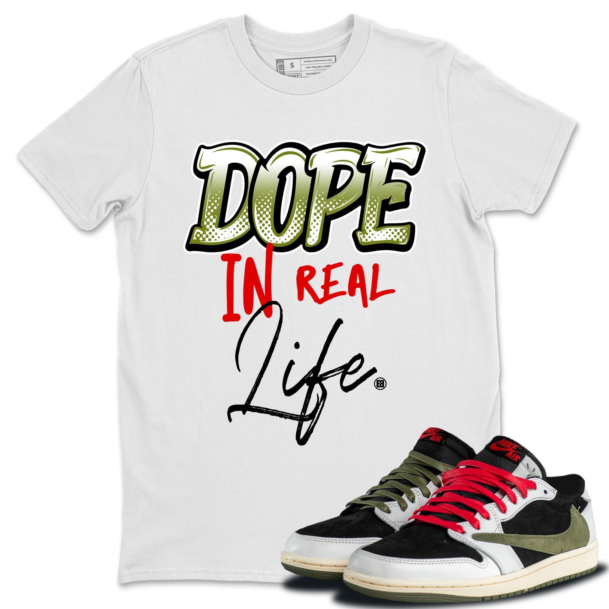 Air Jordan 1 Travis Scott Olive Sneaker Match Tees Dope In Real Life Streetwear Sneaker Shirt Air Jordan 1 Low x Travis Scott x Olive Sneaker Release Tees Unisex Shirts White 1