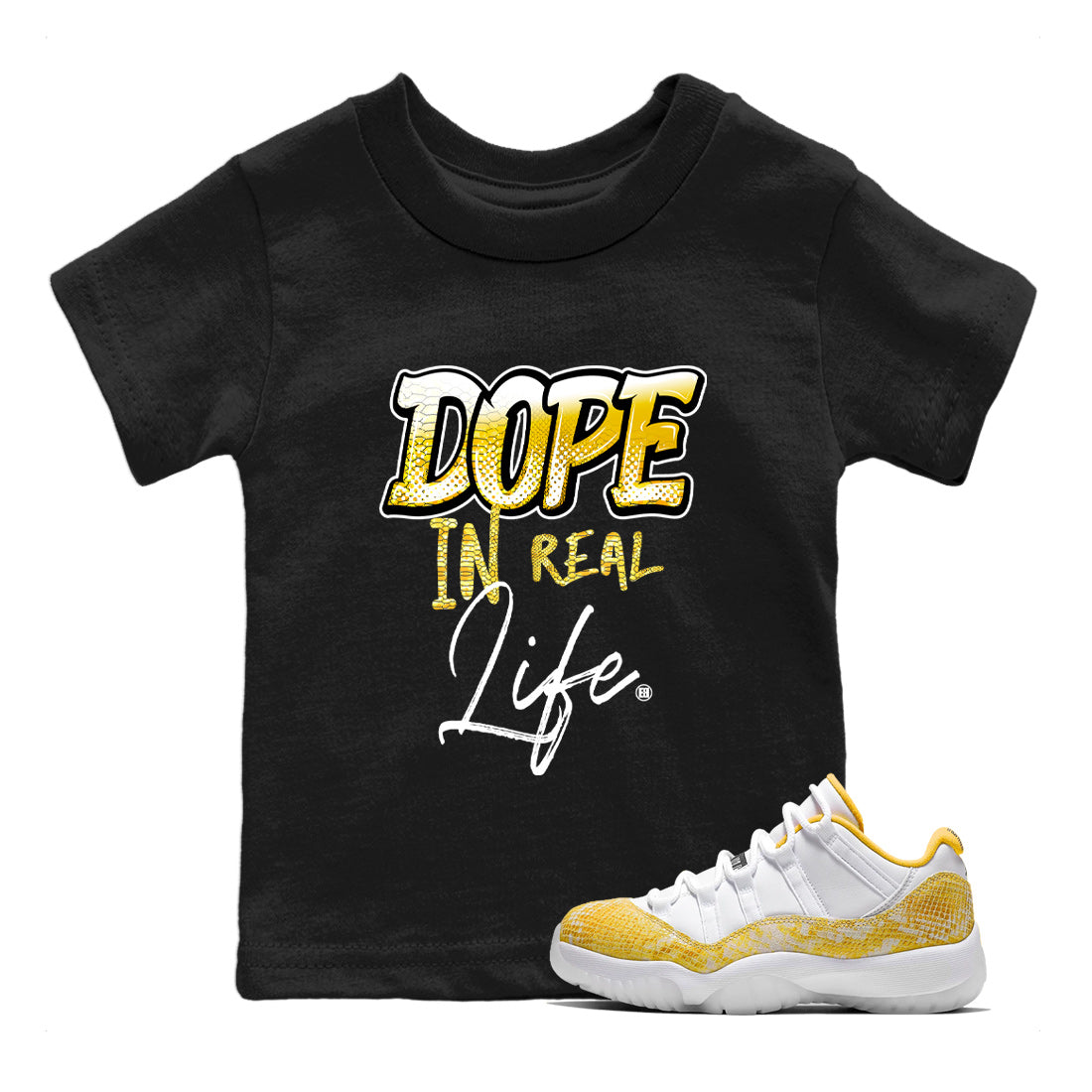 Air Jordan 11 Yellow Python Sneaker Match Tees Dope In Real Life Streetwear Sneaker Shirt Air Jordan 11 Yellow Snakeskin Sneaker Release Tees Kids Shirts Black 1