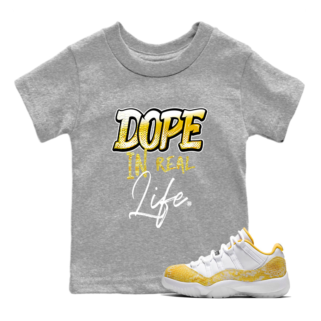 Air Jordan 11 Yellow Python Sneaker Match Tees Dope In Real Life Streetwear Sneaker Shirt Air Jordan 11 Yellow Snakeskin Sneaker Release Tees Kids Shirts Heather Grey 1