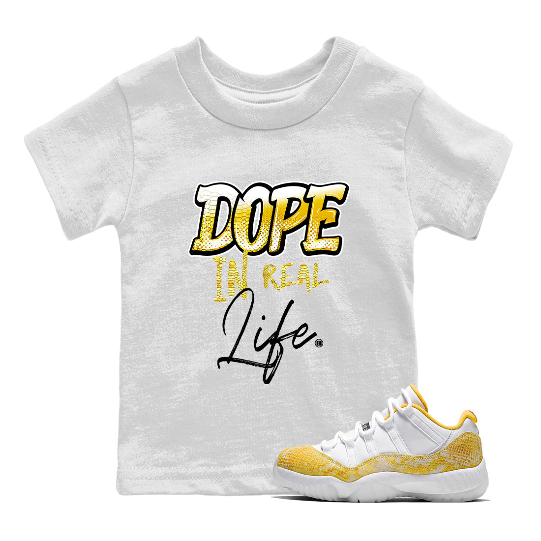 Air Jordan 11 Yellow Python Sneaker Match Tees Dope In Real Life Streetwear Sneaker Shirt Air Jordan 11 Yellow Snakeskin Sneaker Release Tees Kids Shirts White 1