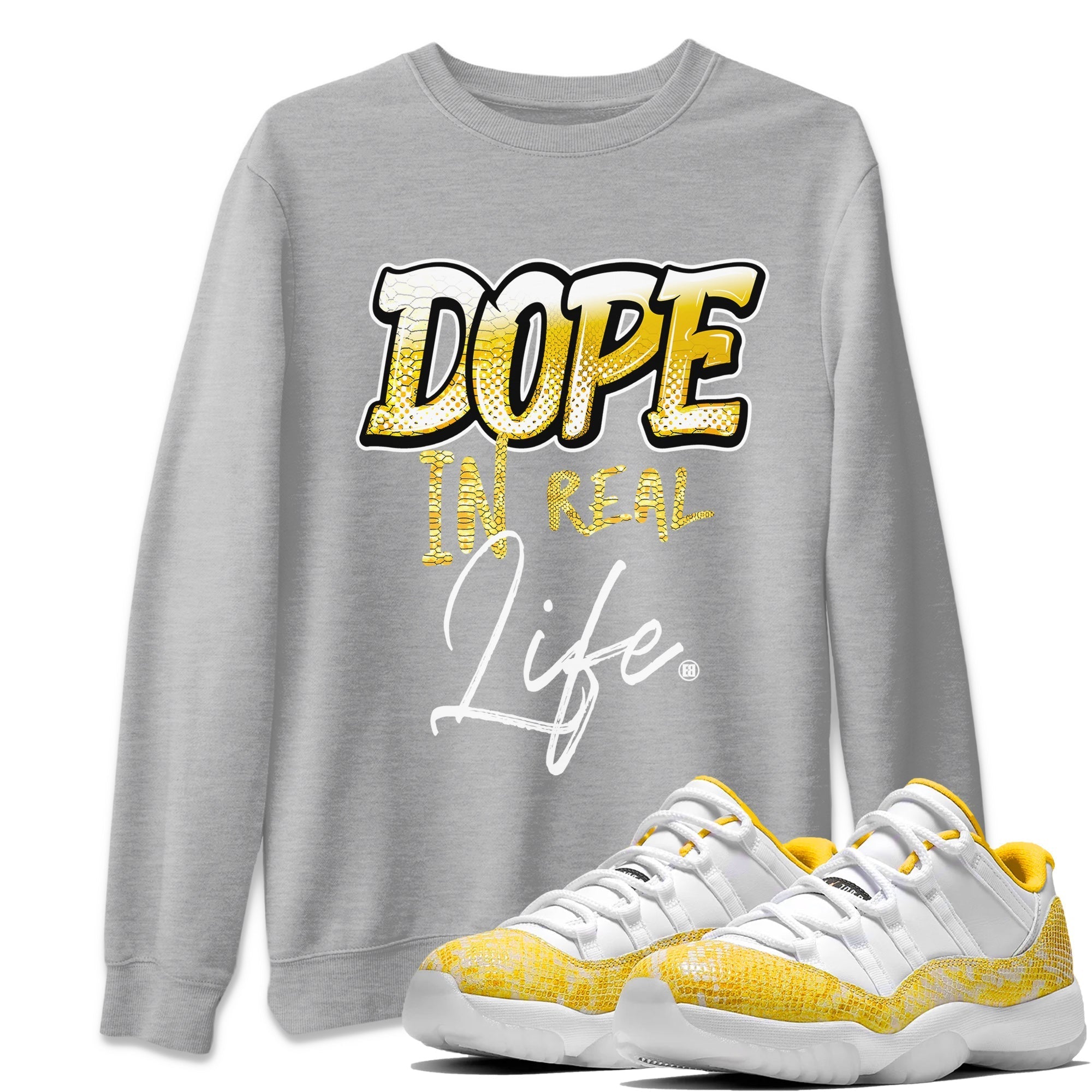 Air Jordan 11 Yellow Python Sneaker Match Tees Dope In Real Life Streetwear Sneaker Shirt Air Jordan 11 Yellow Snakeskin Sneaker Release Tees Unisex Shirts Heather Grey 1