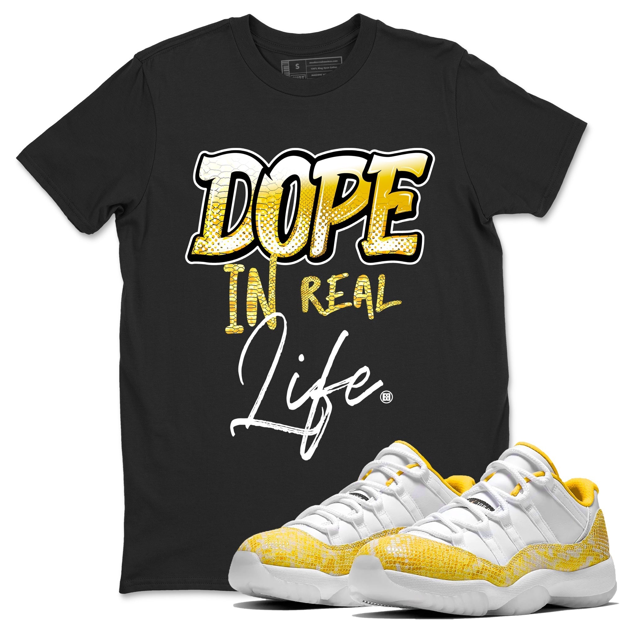 Air Jordan 11 Yellow Python Sneaker Match Tees Dope In Real Life Streetwear Sneaker Shirt Air Jordan 11 Yellow Snakeskin Sneaker Release Tees Unisex Shirts Black 1