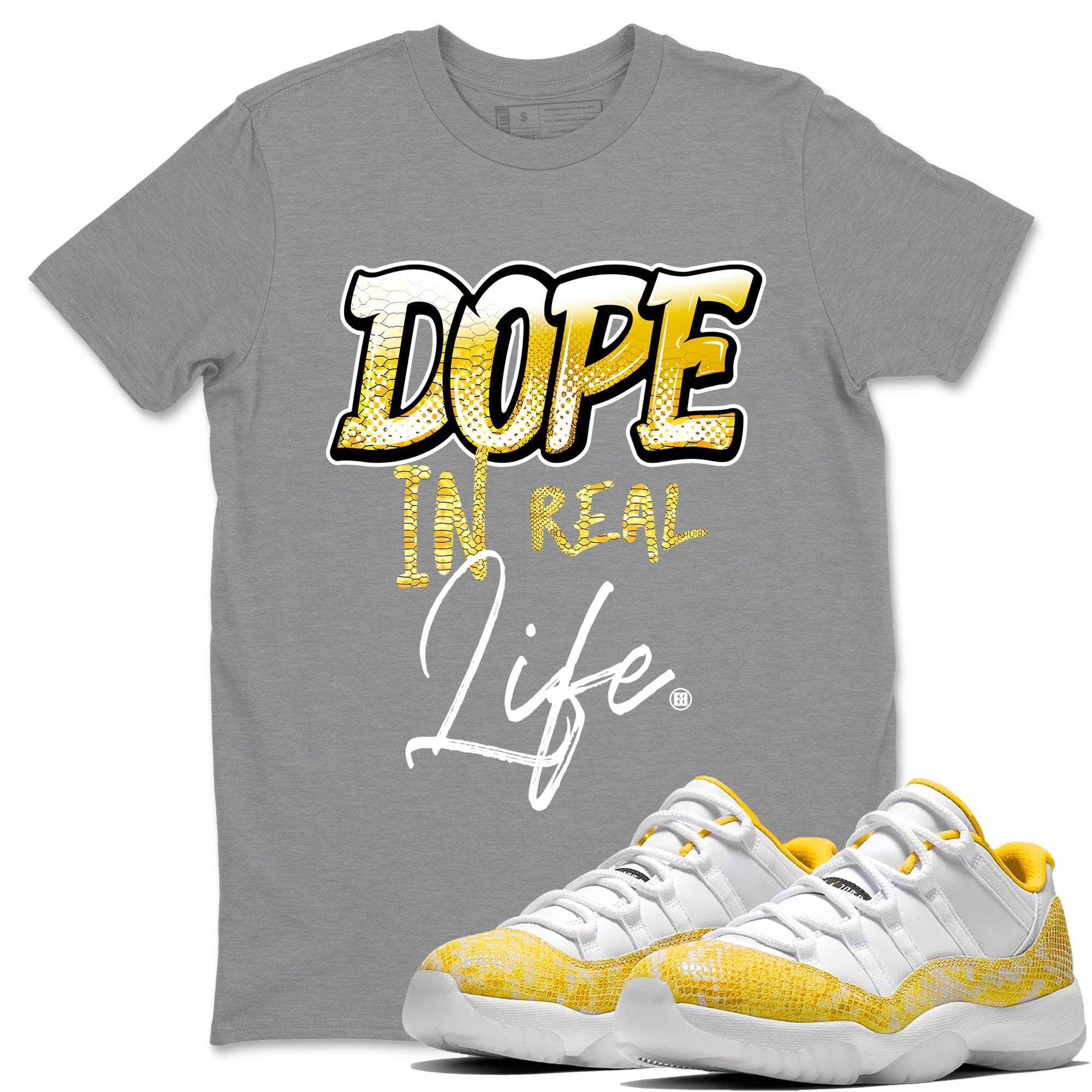 Air Jordan 11 Yellow Python Sneaker Match Tees Dope In Real Life Streetwear Sneaker Shirt Air Jordan 11 Yellow Snakeskin Sneaker Release Tees Unisex Shirts Heather Grey 1