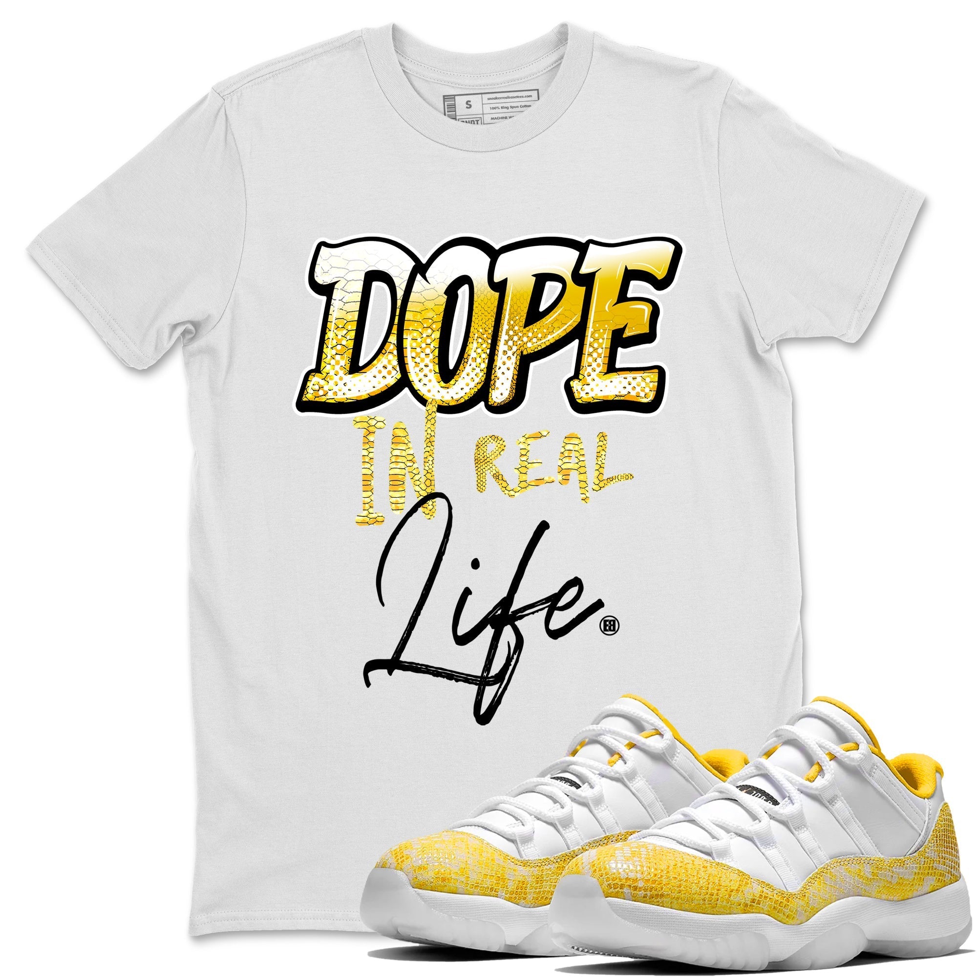 Air Jordan 11 Yellow Python Sneaker Match Tees Dope In Real Life Streetwear Sneaker Shirt Air Jordan 11 Yellow Snakeskin Sneaker Release Tees Unisex Shirts White 1