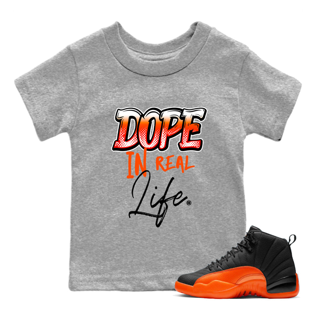 Air Jordan 12 Brilliant Orange Sneaker Match Tees Dope In Real Life Streetwear Sneaker Shirt 12s Brilliant Orange Tee Kids Shirts Heather Grey 1