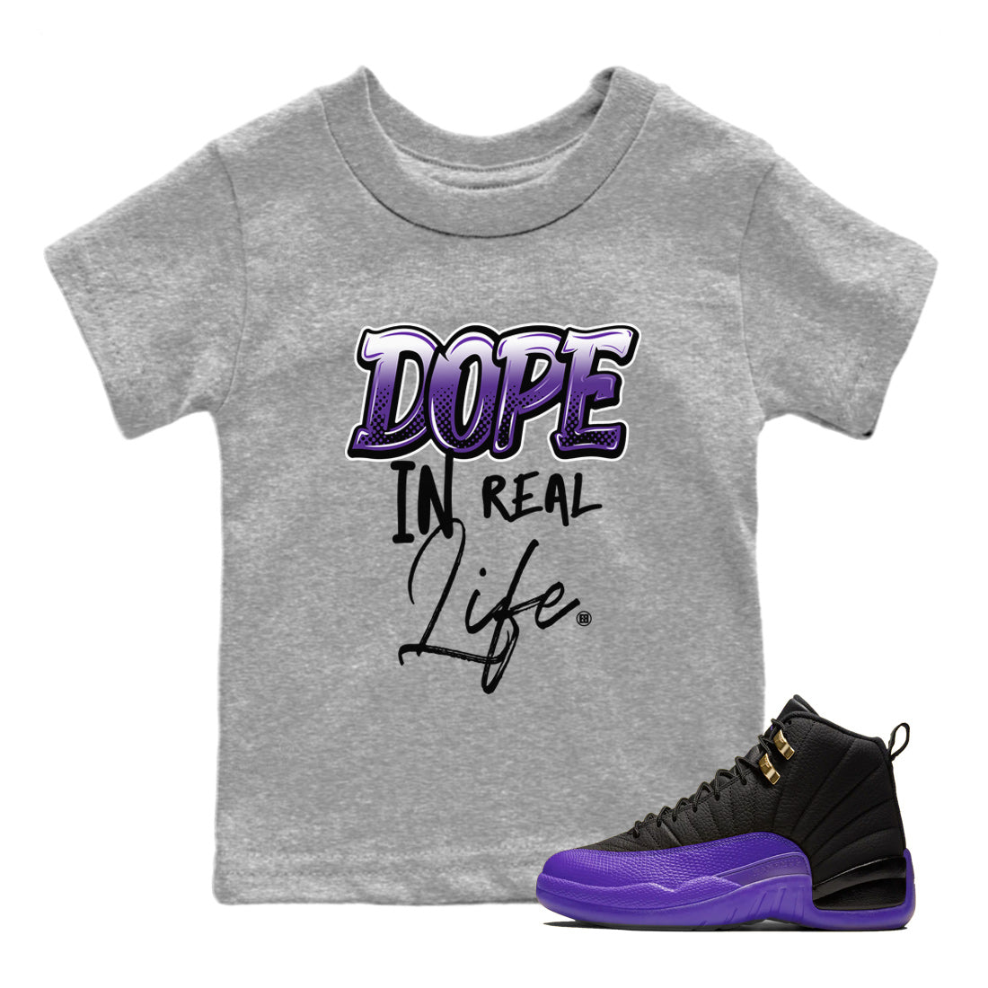 Air Jordan 12 Field Purple Sneaker Match Tees Dope In Real Life Streetwear Sneaker Shirt AJ12 Field Purple Drip Gear Zone Sneaker Matching Clothing Kids Shirts Heather Grey 1
