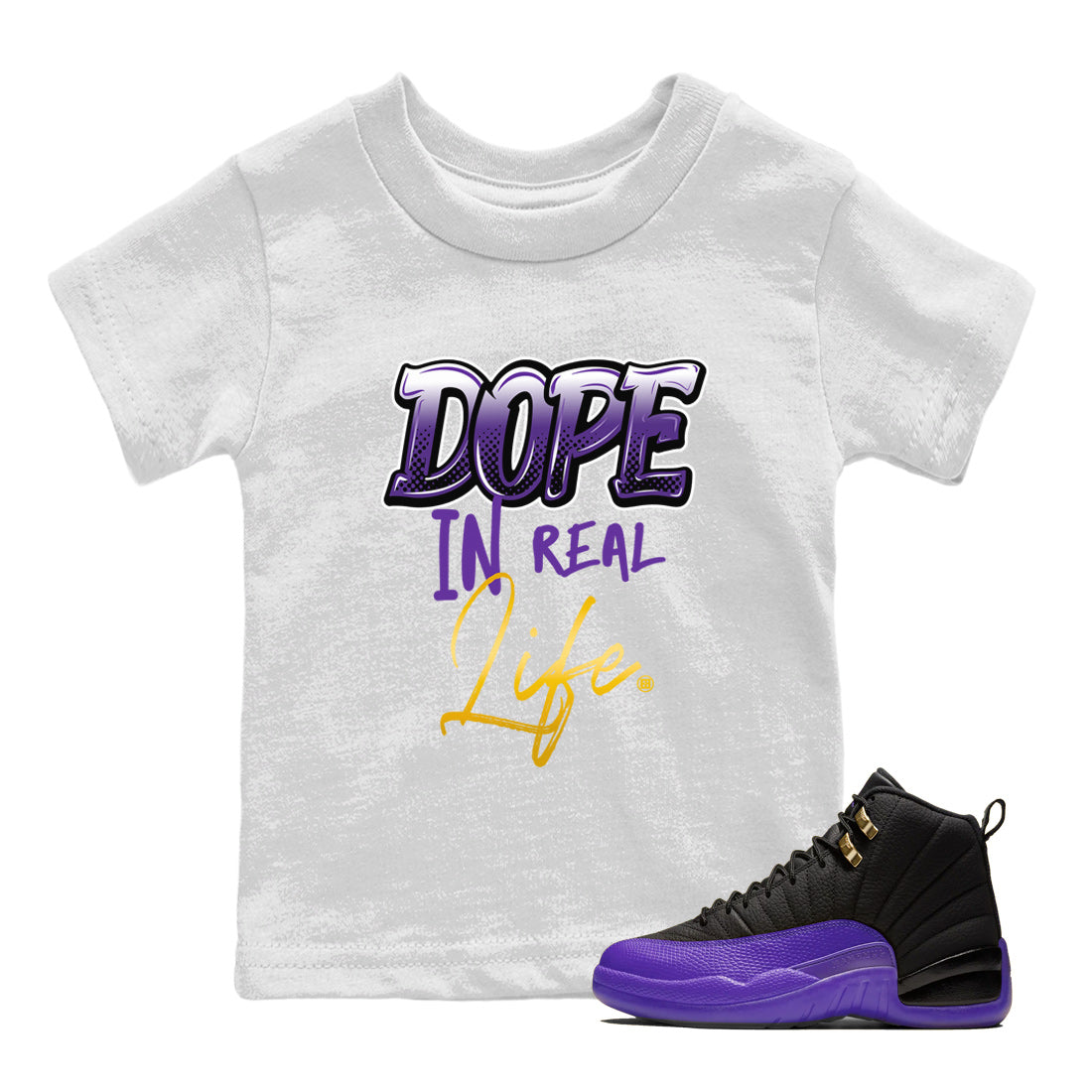 Air Jordan 12 Field Purple Sneaker Match Tees Dope In Real Life Streetwear Sneaker Shirt AJ12 Field Purple Drip Gear Zone Sneaker Matching Clothing Kids Shirts White 1