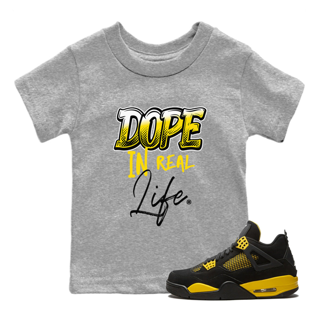 Air Jordan 4 Thunder Sneaker Match Tees Dope In Real Life Streetwear Sneaker Shirt Air Jordan 4 Retro Thunder Sneaker Release Tees Kids Shirts Heather Grey 1