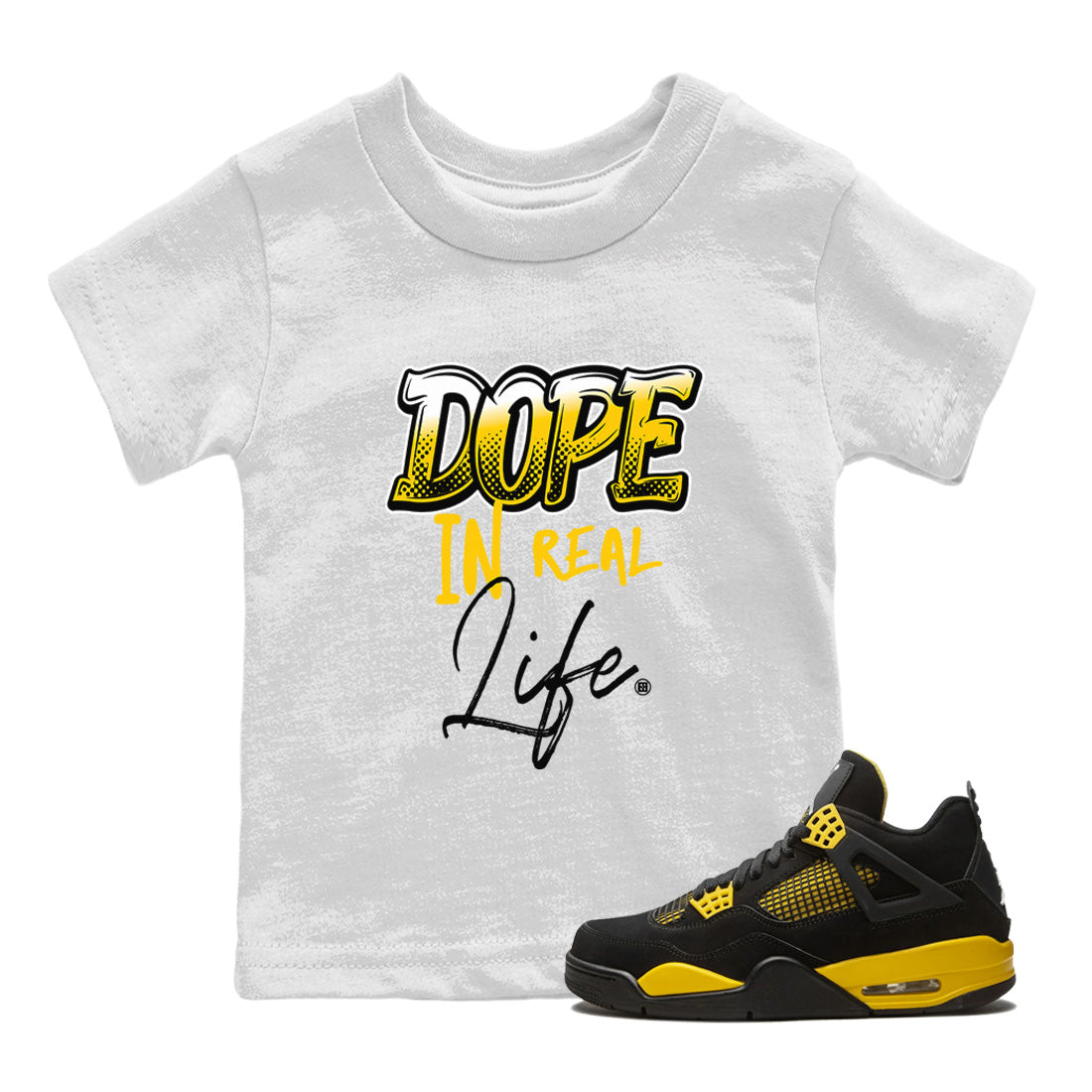 Air Jordan 4 Thunder Sneaker Match Tees Dope In Real Life Streetwear Sneaker Shirt Air Jordan 4 Retro Thunder Sneaker Release Tees Kids Shirts White 1