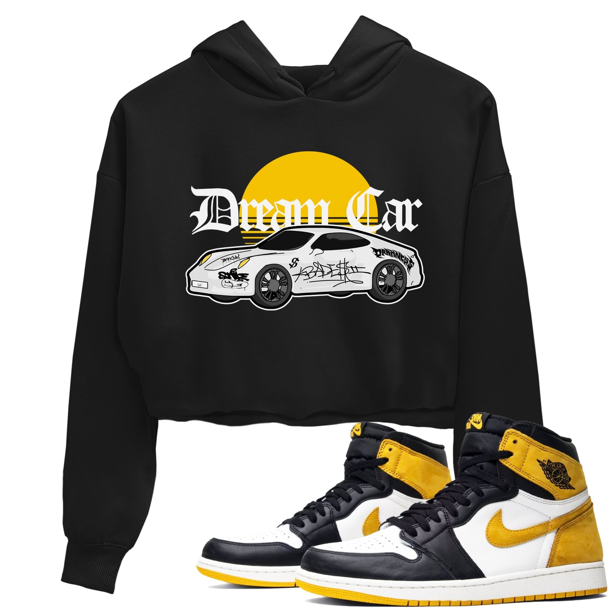 Air Jordan 1 Yellow Ochre shirt to match jordans Dream Car sneaker tees streetwear brand AJ1 Yellow Ochre Drip Gear Zone Brand Black 1 crop length shirt