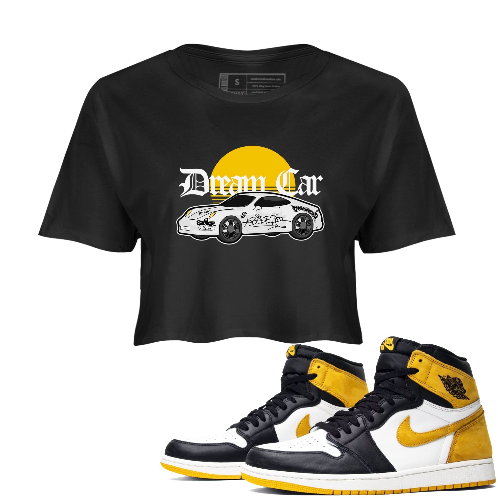 Air Jordan 1 Yellow Ochre shirt to match jordans Dream Car sneaker tees streetwear brand AJ1 Yellow Ochre Drip Gear Zone Brand Black 1 crop length shirt