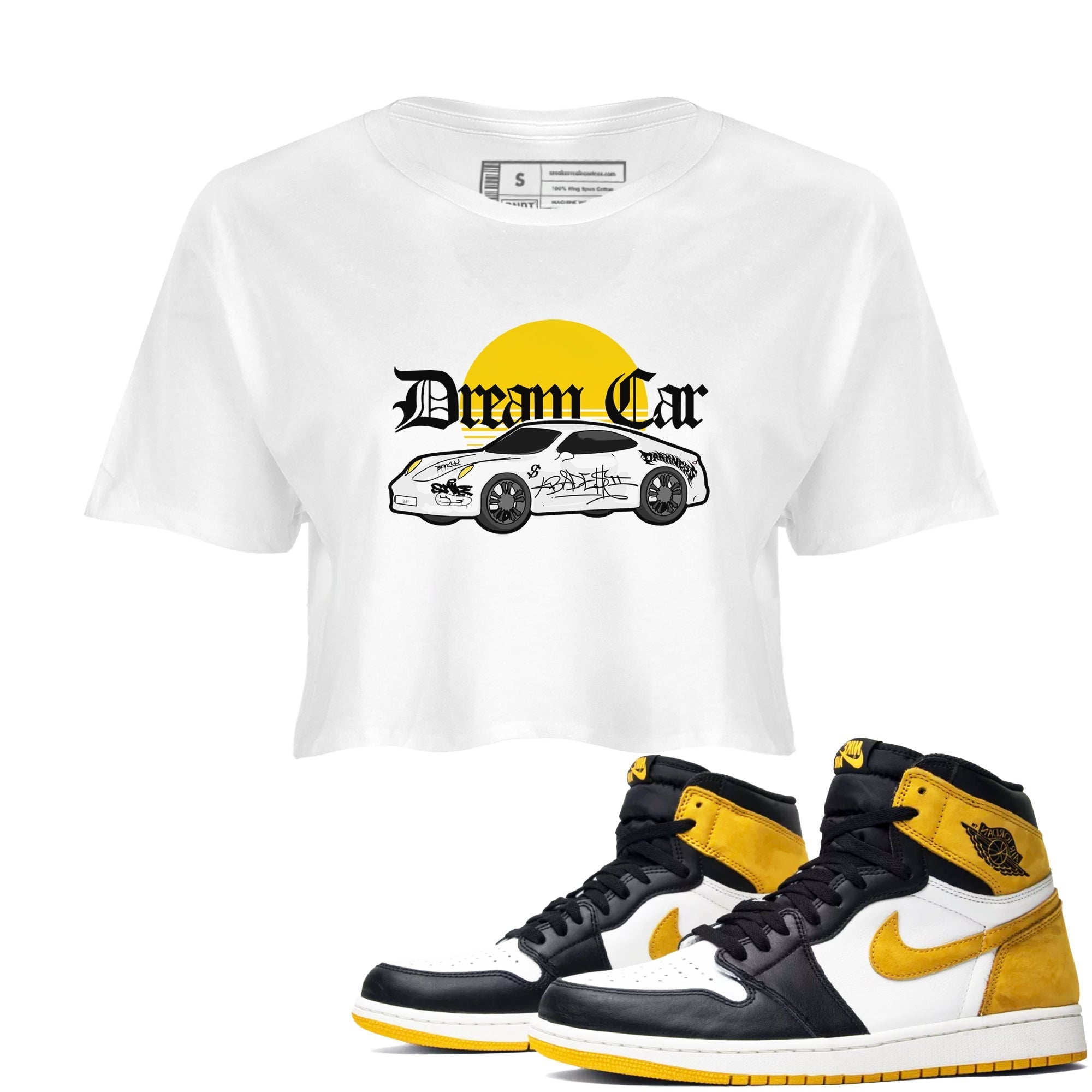 Air Jordan 1 Yellow Ochre shirt to match jordans Dream Car sneaker tees streetwear brand AJ1 Yellow Ochre Drip Gear Zone Brand White 1 crop length shirt