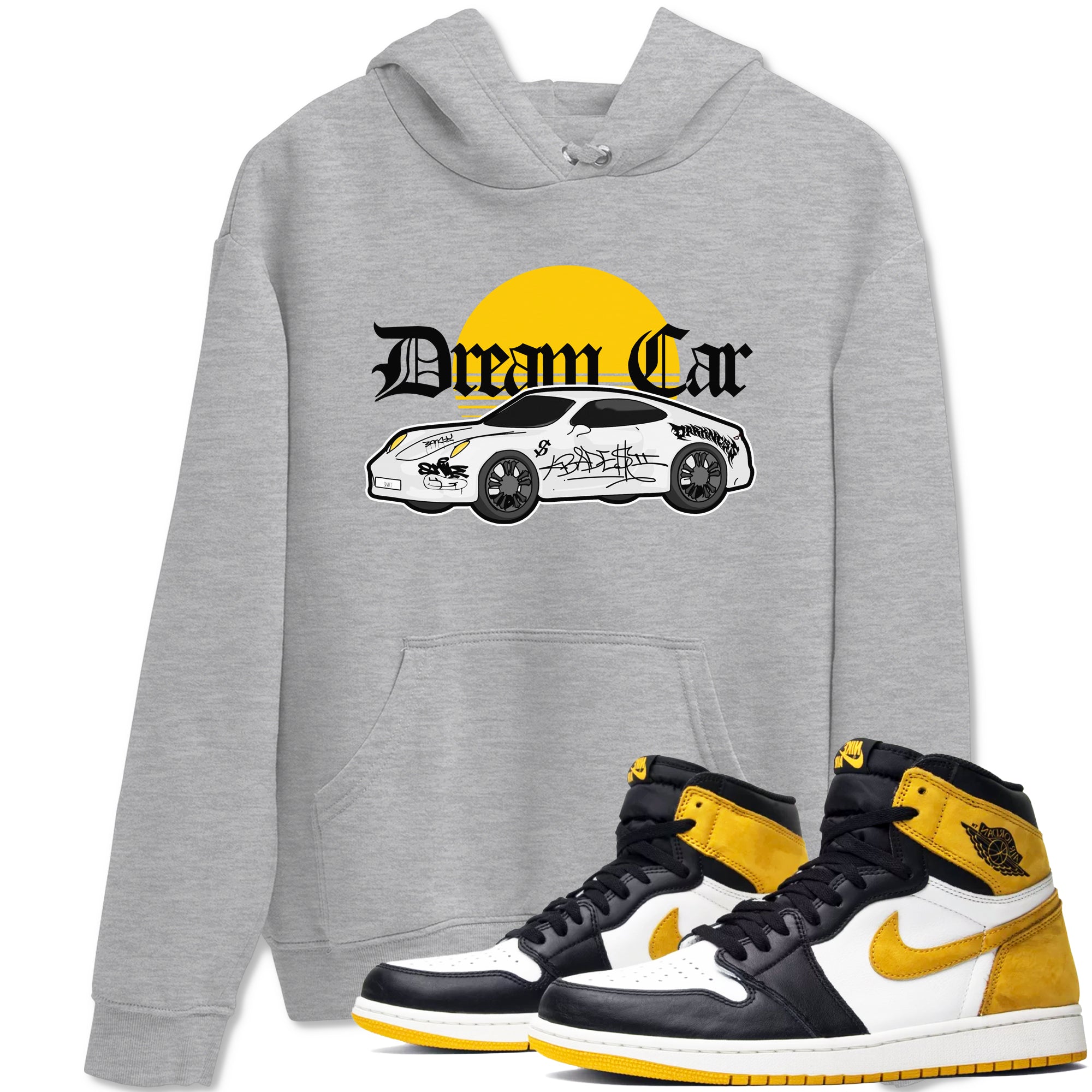Air Jordan 1 Yellow Ochre shirt to match jordans Dream Car sneaker tees streetwear brand AJ1 Yellow Ochre Drip Gear Zone Brand unisex cotton Heather Grey 1 crew neck shirt