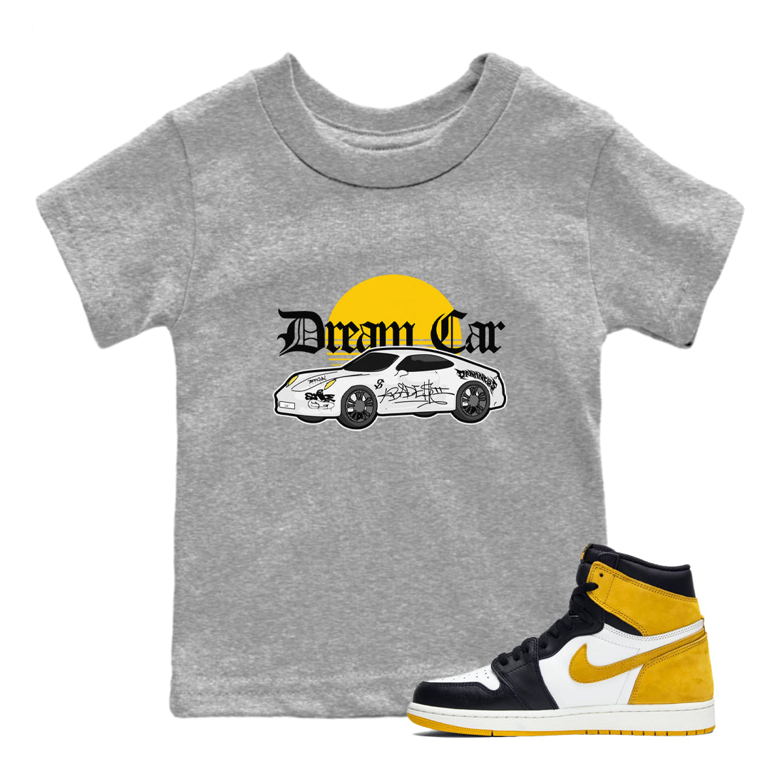 Air Jordan 1 Yellow Ochre shirt to match jordans Dream Car sneaker tees streetwear brand AJ1 Yellow Ochre Drip Gear Zone Brand baby toddler Heather Grey 1 cotton Shirt