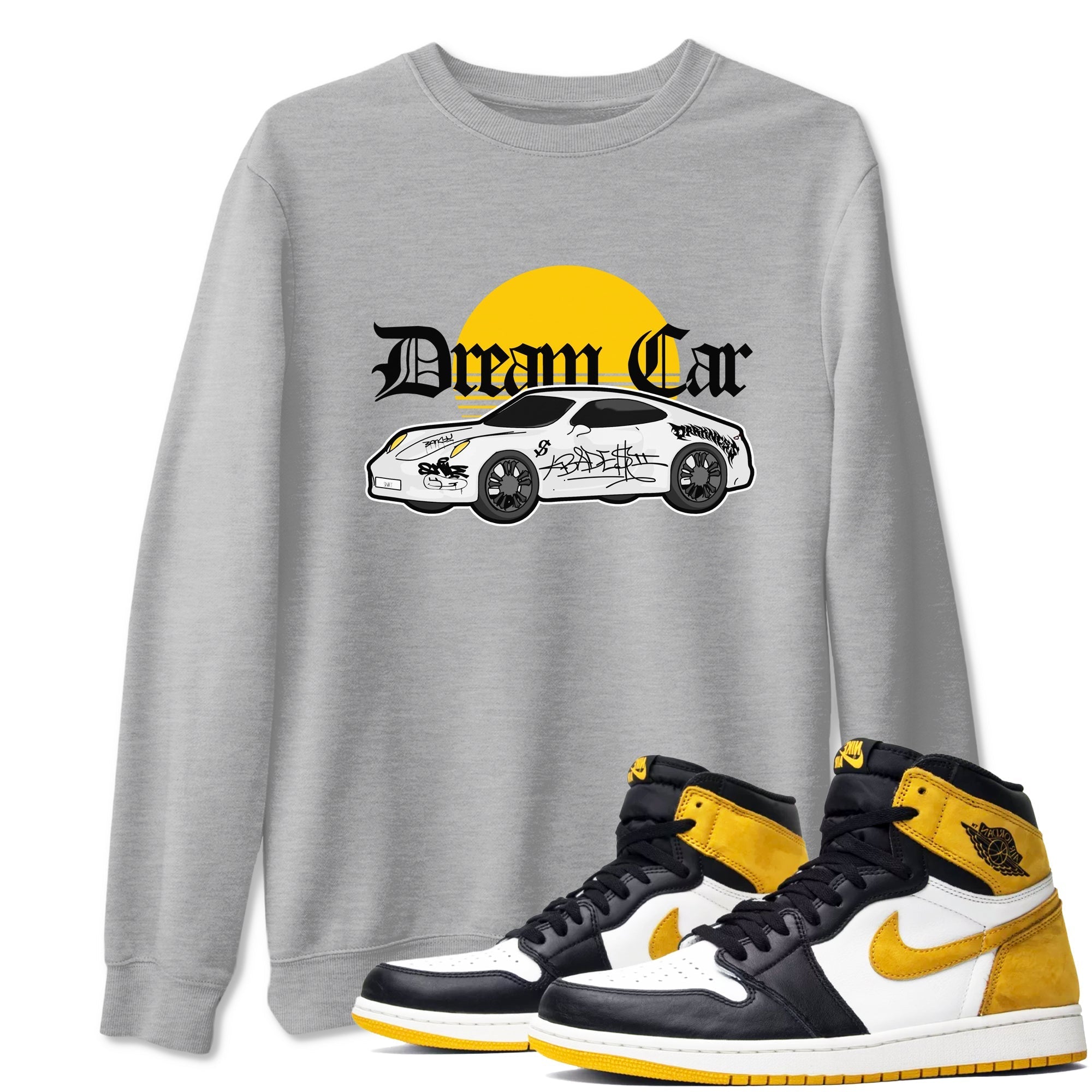 Air Jordan 1 Yellow Ochre shirt to match jordans Dream Car sneaker tees streetwear brand AJ1 Yellow Ochre Drip Gear Zone Brand unisex cotton Heather Grey 1 crew neck shirt