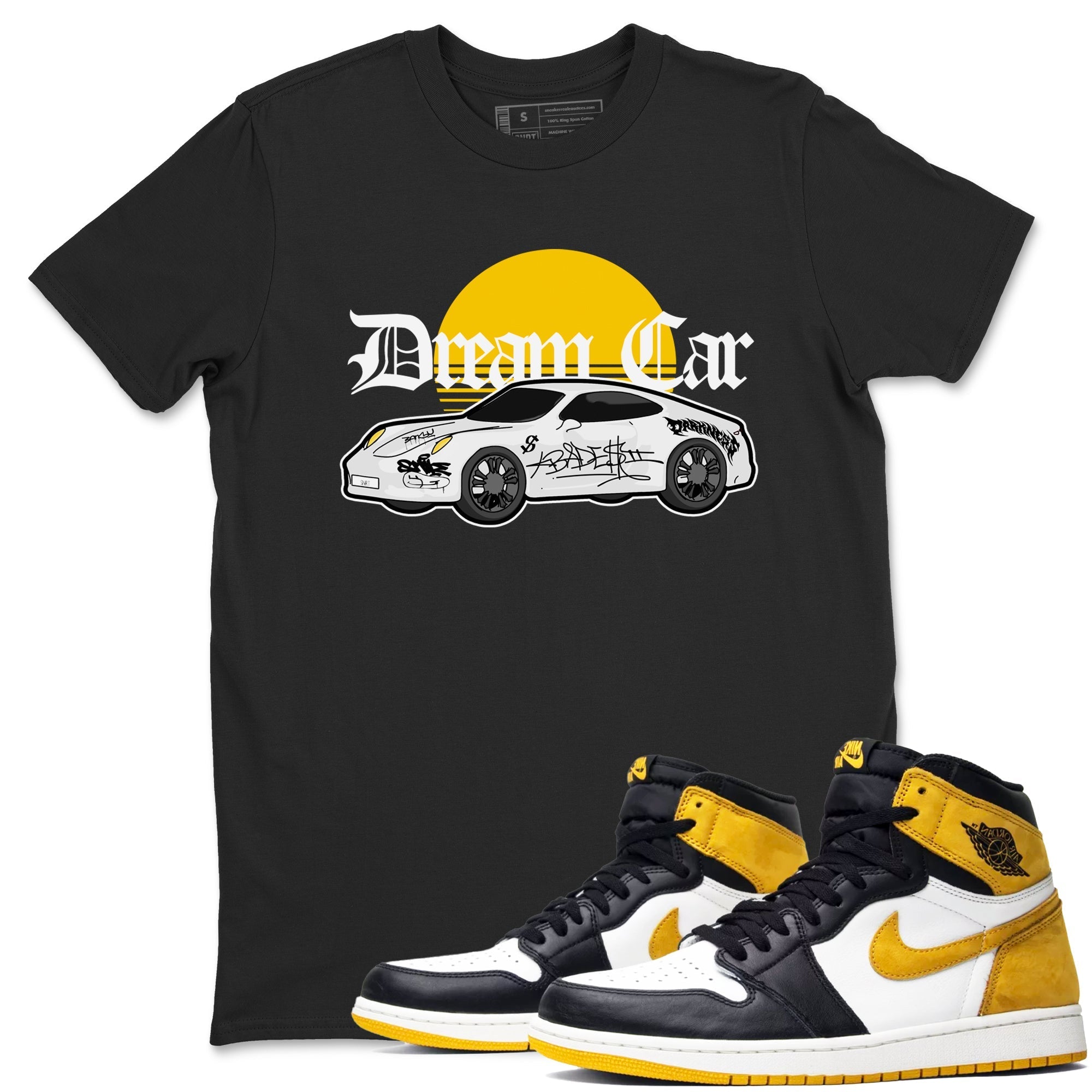 Air Jordan 1 Yellow Ochre shirt to match jordans Dream Car sneaker tees streetwear brand AJ1 Yellow Ochre Drip Gear Zone Brand unisex cotton Black 1 crew neck shirt
