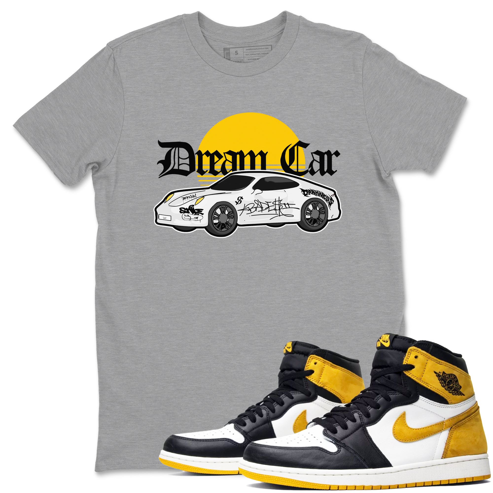 Air Jordan 1 Yellow Ochre shirt to match jordans Dream Car sneaker tees streetwear brand AJ1 Yellow Ochre Drip Gear Zone Brand unisex cotton Heather Grey 1 crew neck shirt