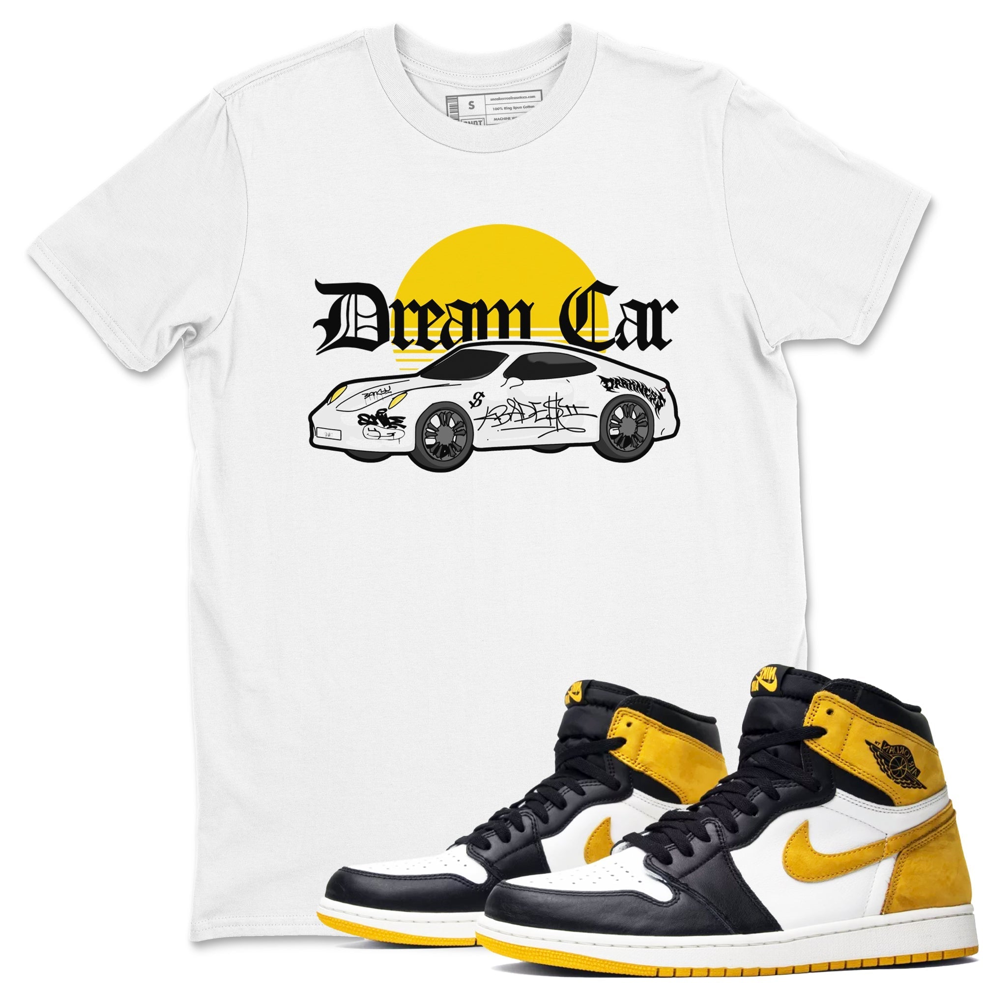 Air Jordan 1 Yellow Ochre shirt to match jordans Dream Car sneaker tees streetwear brand AJ1 Yellow Ochre Drip Gear Zone Brand unisex cotton White 1 crew neck shirt