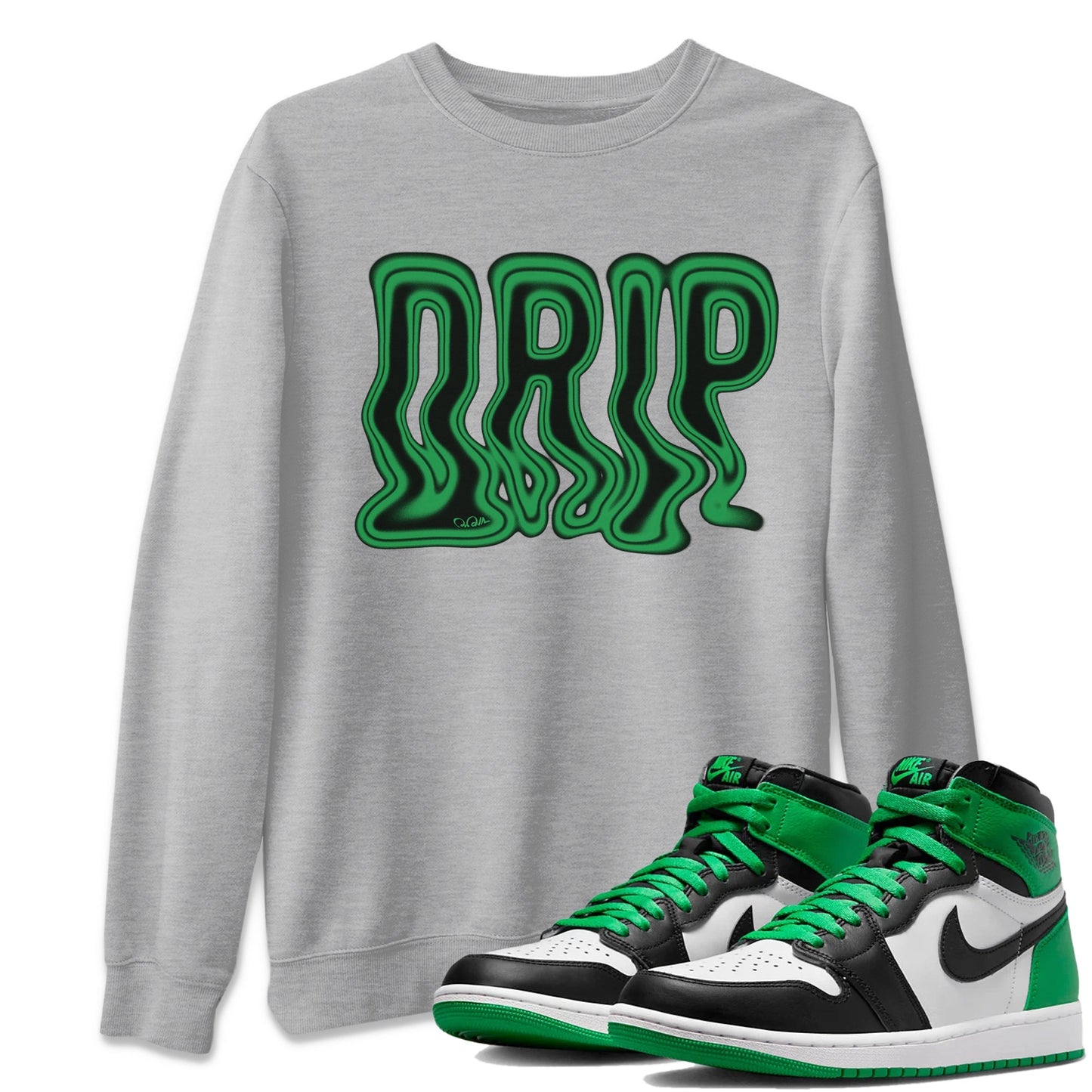 Air Jordan 1 Celtics Sneaker Tees Drip Gear Zone Drip Sneaker Tees AJ1 High OG Lucky Green Shirt Unisex Shirts Heather Grey 1