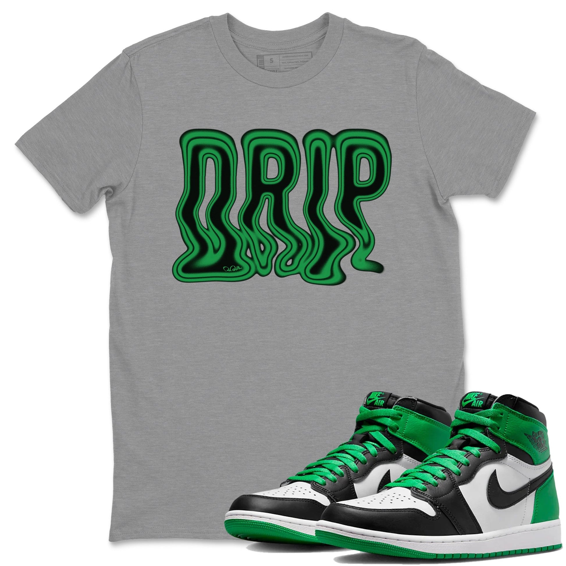 Air Jordan 1 Celtics Sneaker Tees Drip Gear Zone Drip Sneaker Tees AJ1 High OG Lucky Green Shirt Unisex Shirts Heather Grey 1