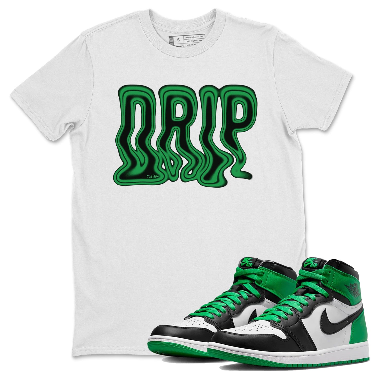 Air Jordan 1 Celtics Sneaker Tees Drip Gear Zone Drip Sneaker Tees AJ1 High OG Lucky Green Shirt Unisex Shirts White 1