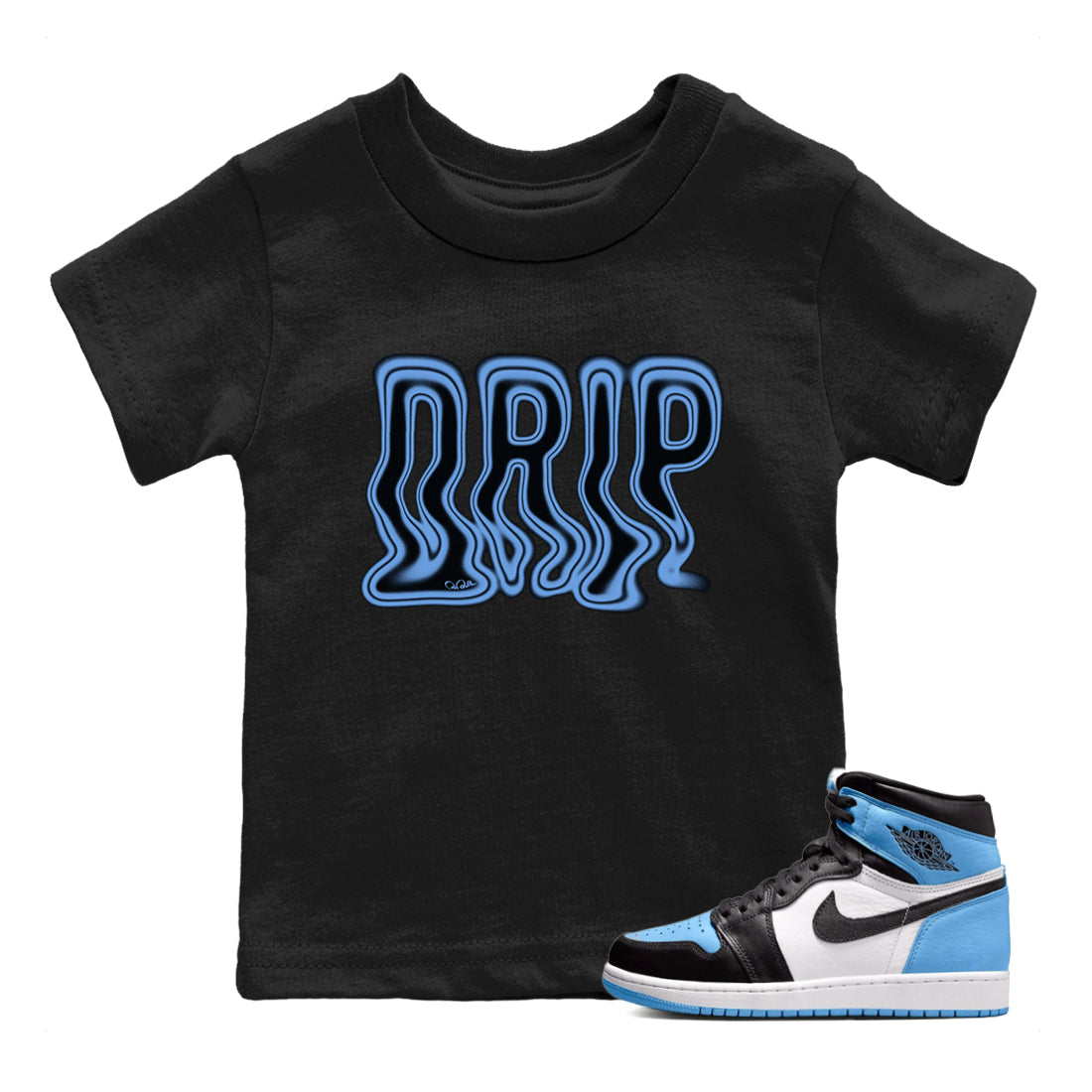 Air Jordan 1 University Blue Sneaker Match Tees Drip Sneaker Tees AJ1 OG High University Blue Sneaker Release Tees Kids Shirts Black 1