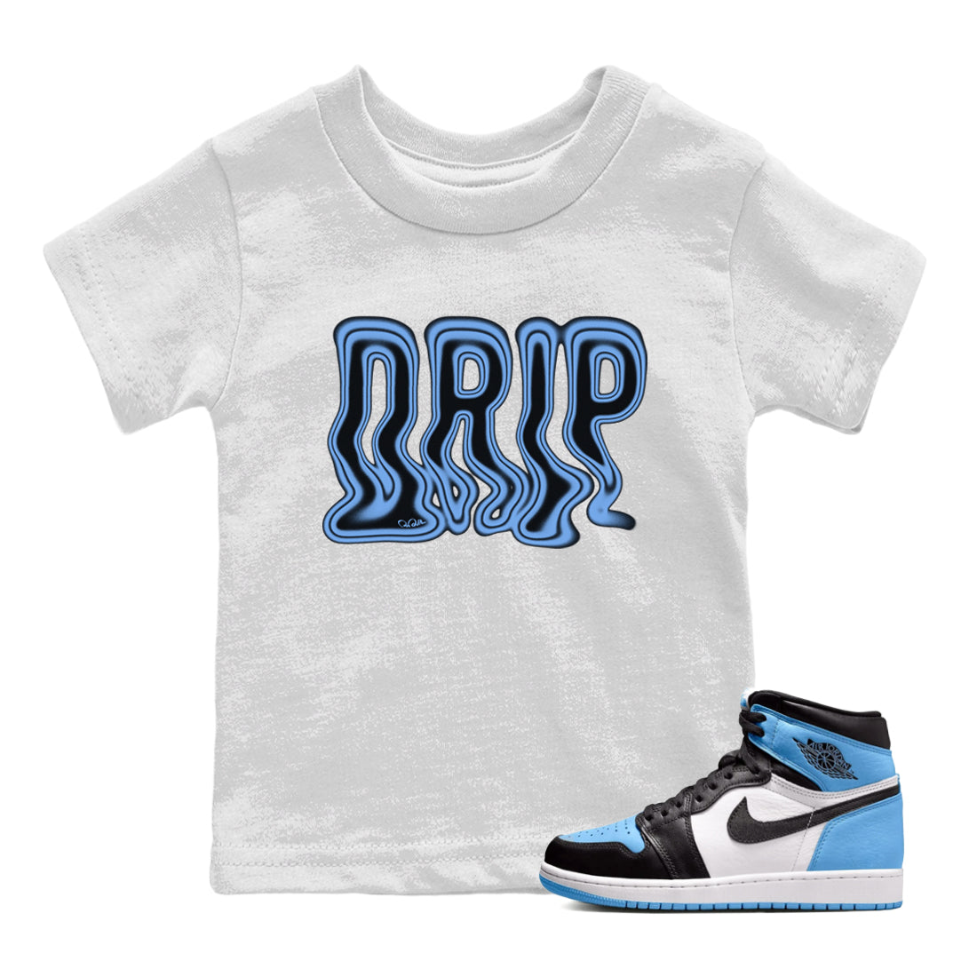 Air Jordan 1 University Blue Sneaker Match Tees Drip Sneaker Tees AJ1 OG High University Blue Sneaker Release Tees Kids Shirts White 1