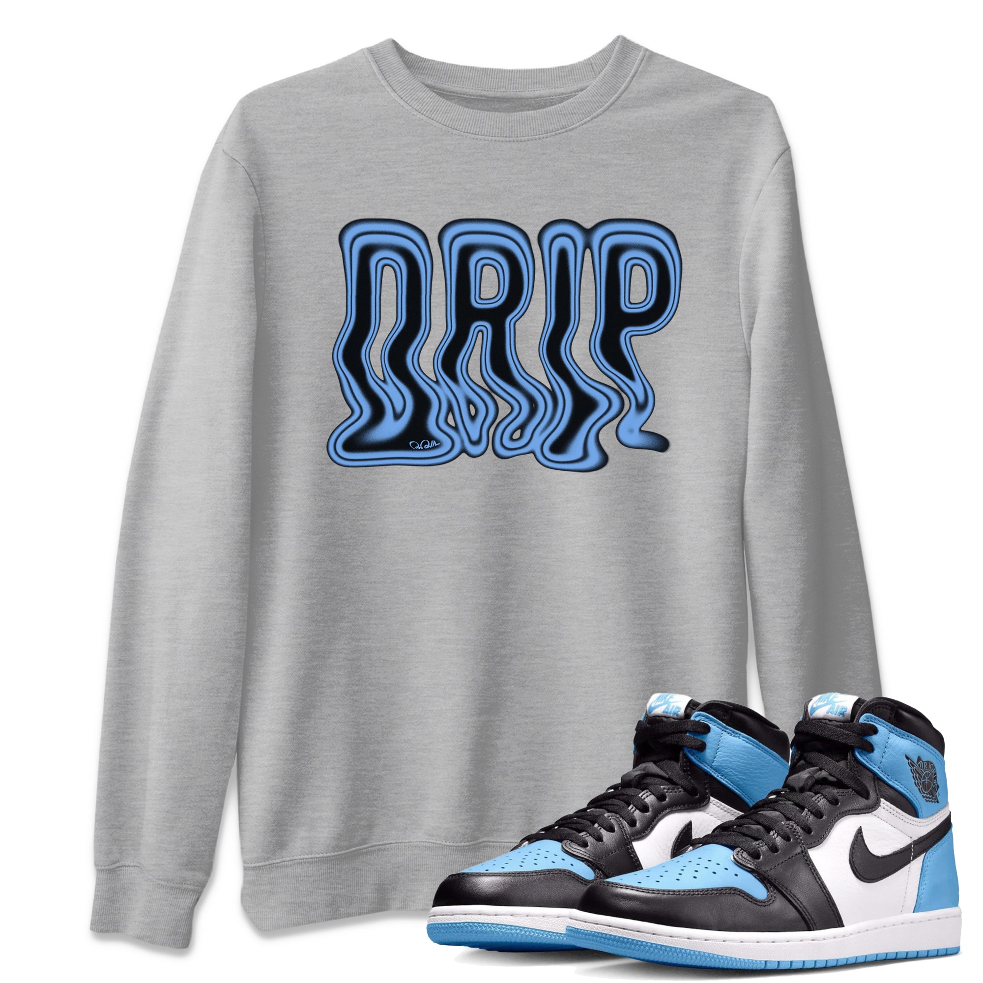 Air Jordan 1 University Blue Sneaker Match Tees Drip Sneaker Tees AJ1 OG High University Blue Sneaker Release Tees Unisex Shirts Heather Grey 1