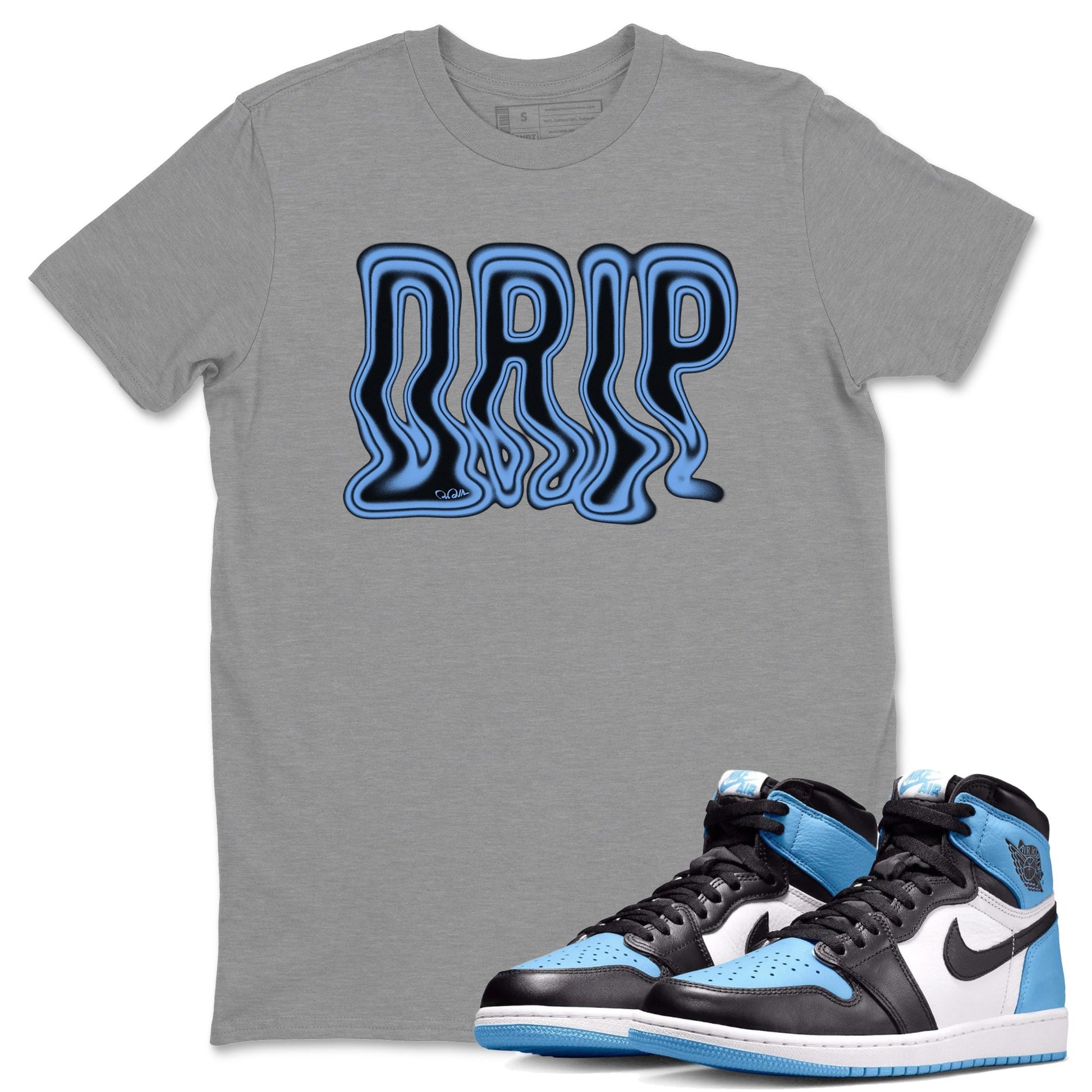 Air Jordan 1 University Blue Drip Crew Neck Sneaker Tees AJ1 OG High University Blue Sneaker T-Shirts Size Chart