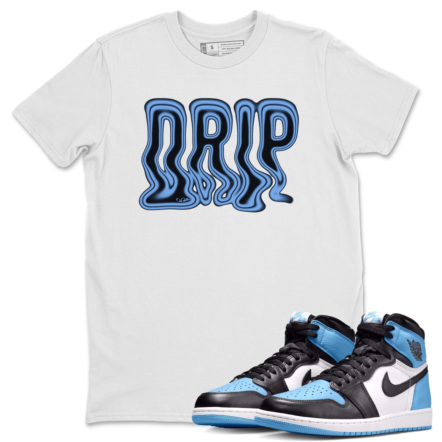 Air Jordan 1 University Blue Sneaker Match Tees Drip Sneaker Tees AJ1 OG High University Blue Sneaker Release Tees Unisex Shirts White 1