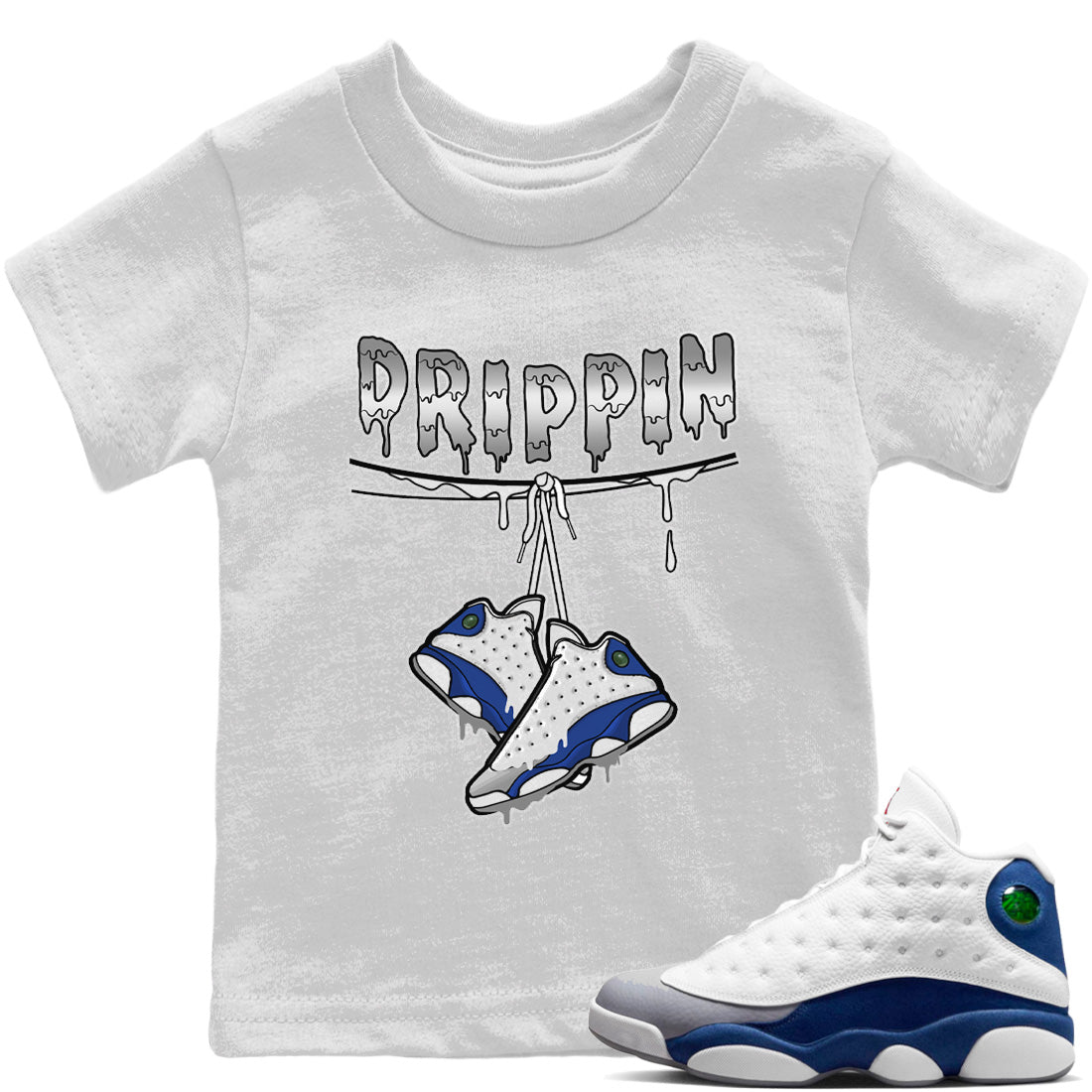 Jordan 13 French Blue Sneaker Matching T-Shirt Drippin Sneaker Tees Jordan 13 French Blue Sneaker Release Tees Kids Shirts