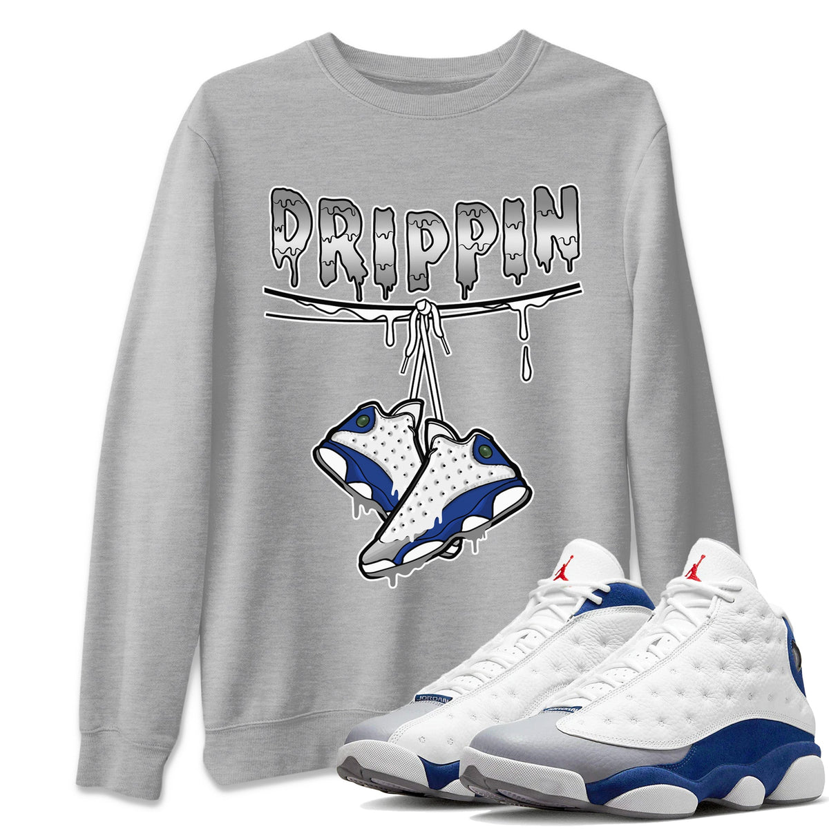 Jordan 13 French Blue Sneaker Matching T-Shirt Drippin Sneaker Tees Jordan 13 French Blue Sneaker Release Tees Crew Neck Tees