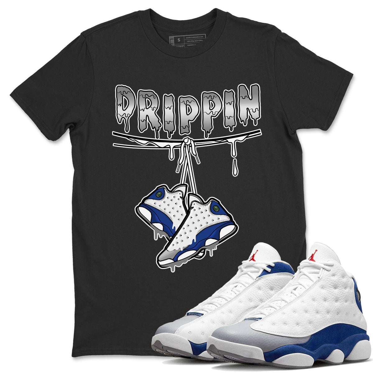 Jordan 13 French Blue Sneaker Matching T-Shirt Drippin Sneaker Tees Jordan 13 French Blue Sneaker Release Tees Crew Neck Tees