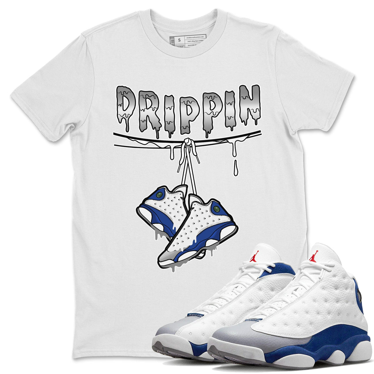 Jordan 13 French Blue Sneaker Matching T-Shirt Drippin Sneaker Tees Jordan 13 French Blue Sneaker Release Tees Crew Neck Tees