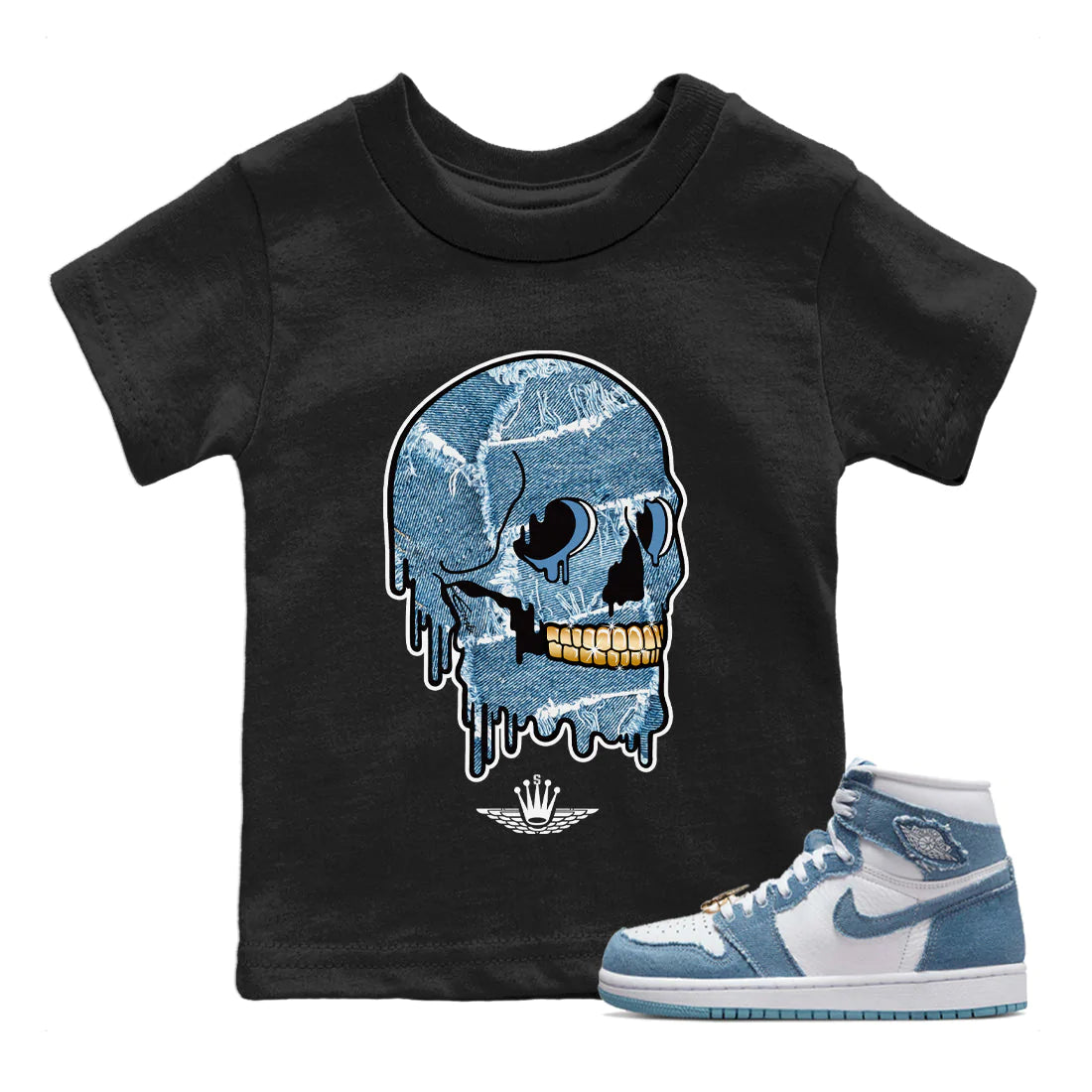 Jordan 1 Denim Sneaker Matching T-Shirt Dripping Camo Skull Sneaker Tees Jordan 1 Denim Sneaker Release Tees Kids Shirts