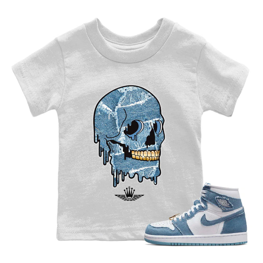 Jordan 1 Denim Sneaker Matching T-Shirt Dripping Camo Skull Sneaker Tees Jordan 1 Denim Sneaker Release Tees Kids Shirts
