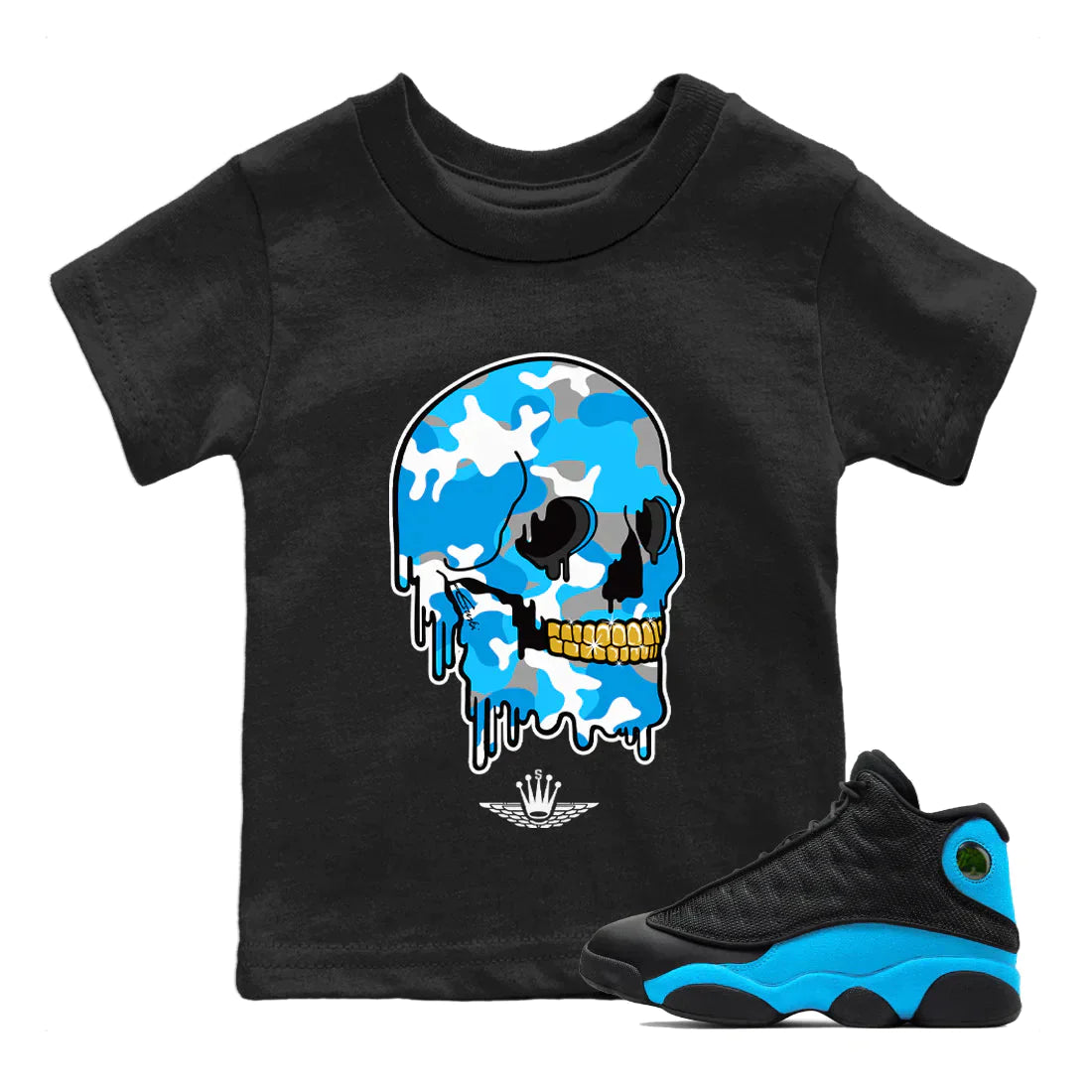 Jordan 13 UNC Sneaker Matching T-Shirt Dripping Camo Skull Sneaker Tees Jordan 13 UNC Sneaker Release Tees Kids Shirts
