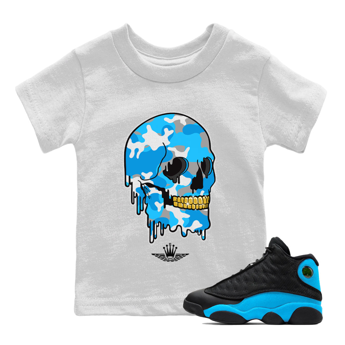 Jordan 13 UNC Sneaker Matching T-Shirt Dripping Camo Skull Sneaker Tees Jordan 13 UNC Sneaker Release Tees Kids Shirts