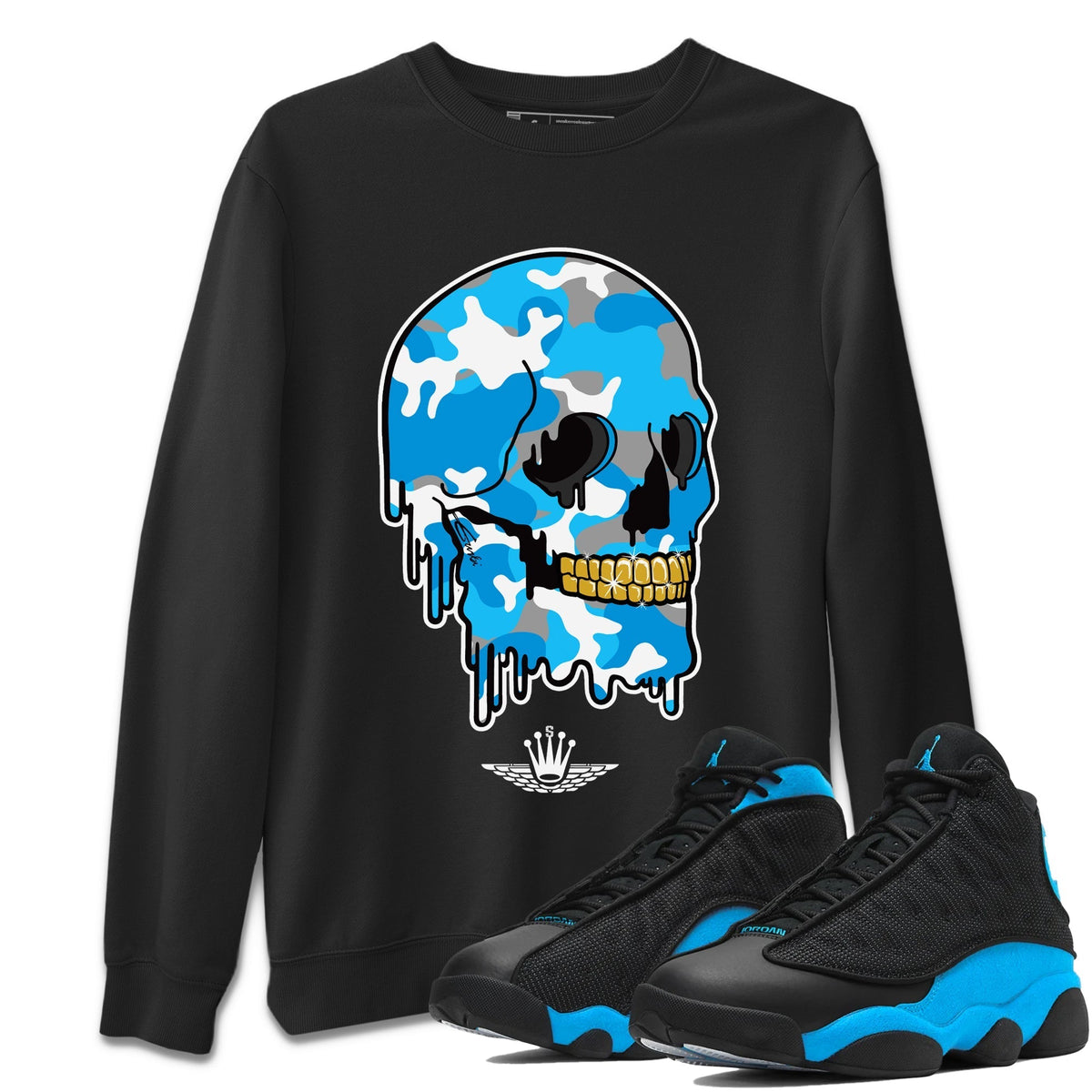 Jordan 13 UNC Sneaker Matching T-Shirt Dripping Camo Skull Sneaker Tees Jordan 13 UNC Sneaker Release Tees Crew Neck Tees