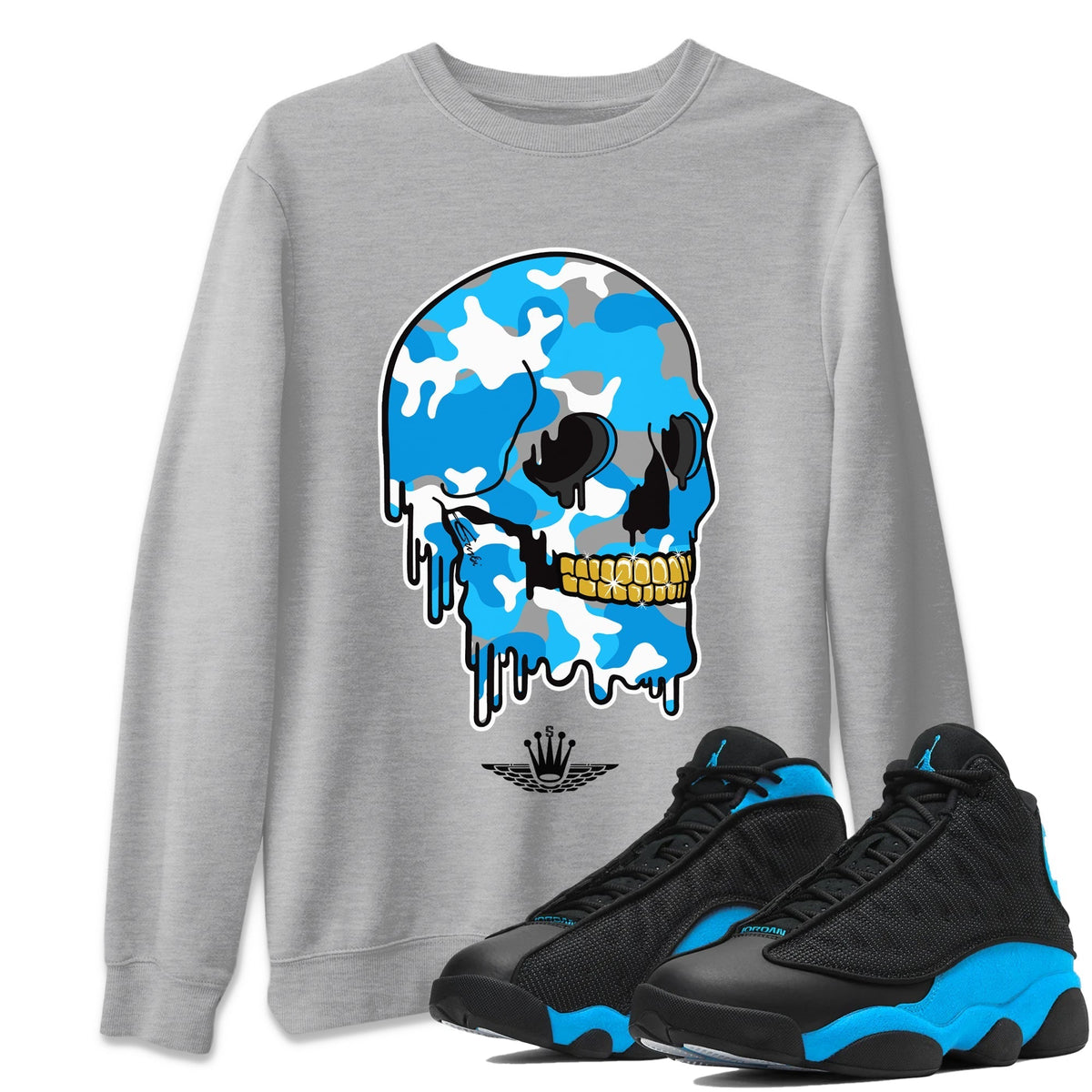Jordan 13 UNC Sneaker Matching T-Shirt Dripping Camo Skull Sneaker Tees Jordan 13 UNC Sneaker Release Tees Crew Neck Tees