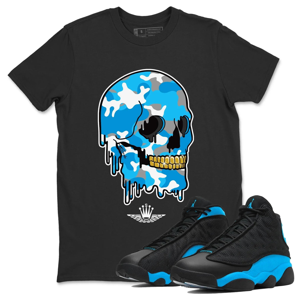 Jordan 13 UNC Sneaker Matching T-Shirt Dripping Camo Skull Sneaker Tees Jordan 13 UNC Sneaker Release Tees Crew Neck Tees