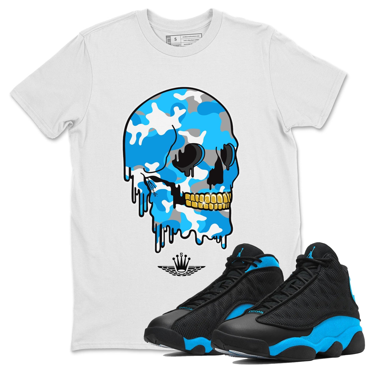 Jordan 13 UNC Sneaker Matching T-Shirt Dripping Camo Skull Sneaker Tees Jordan 13 UNC Sneaker Release Tees Crew Neck Tees