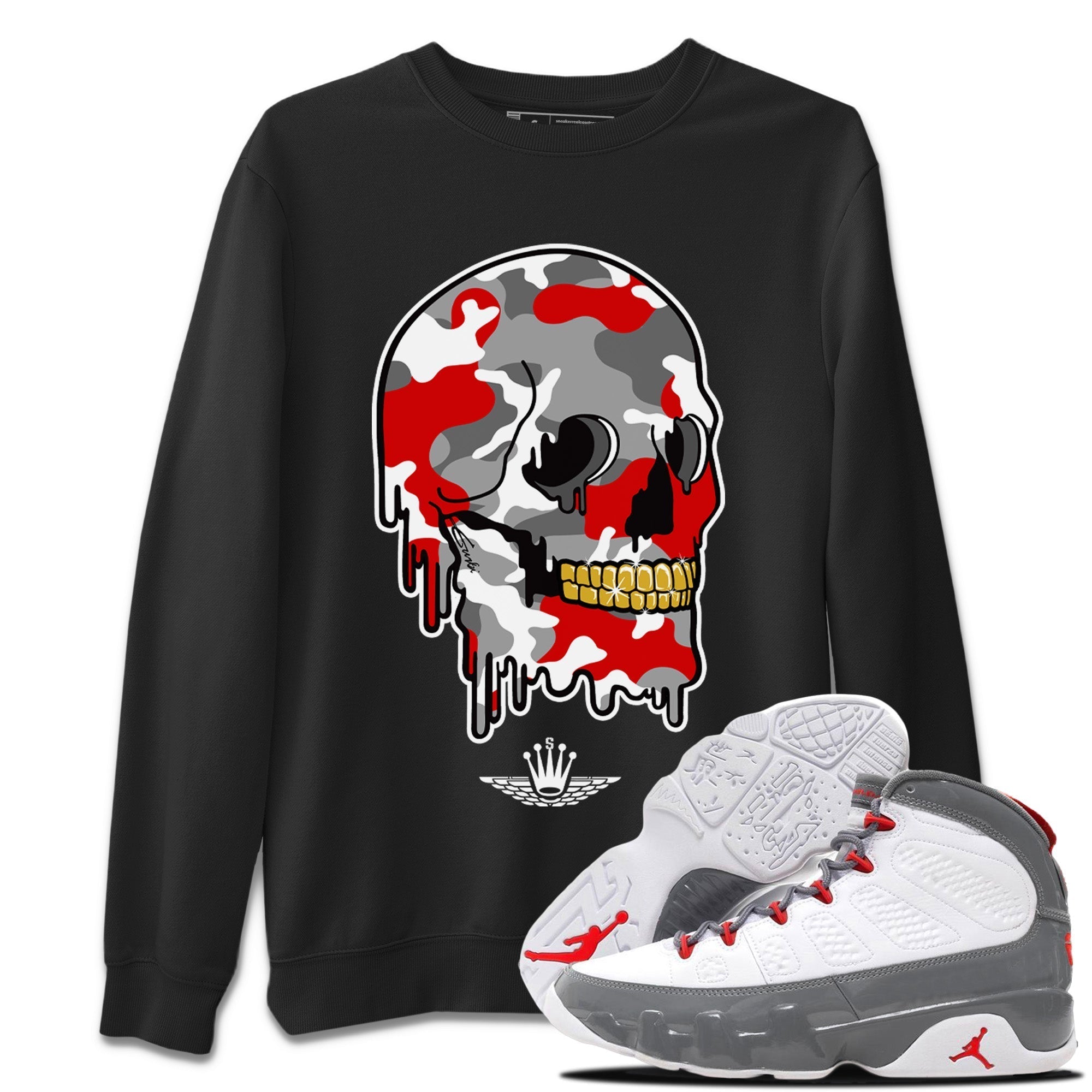 Jordan 9 Fire Red Shirt To Match Jordans Dripping Camo Skull Sneaker Tees Jordan 9 Fire Red Drip Gear Zone Sneaker Matching Clothing Unisex Shirts