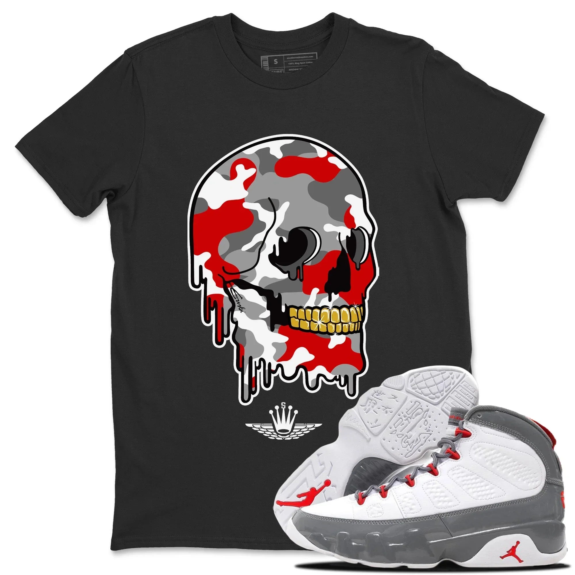 Jordan 9 Fire Red Shirt To Match Jordans Dripping Camo Skull Sneaker Tees Jordan 9 Fire Red Drip Gear Zone Sneaker Matching Clothing Unisex Shirts
