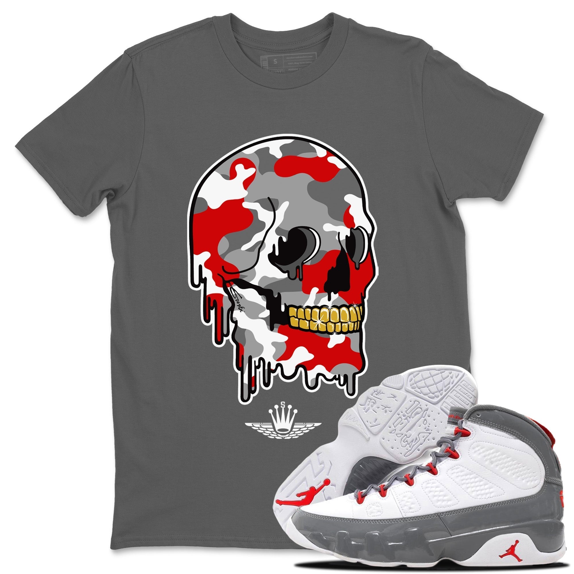 Jordan 9 Fire Red Shirt To Match Jordans Dripping Camo Skull Sneaker Tees Jordan 9 Fire Red Drip Gear Zone Sneaker Matching Clothing Unisex Shirts